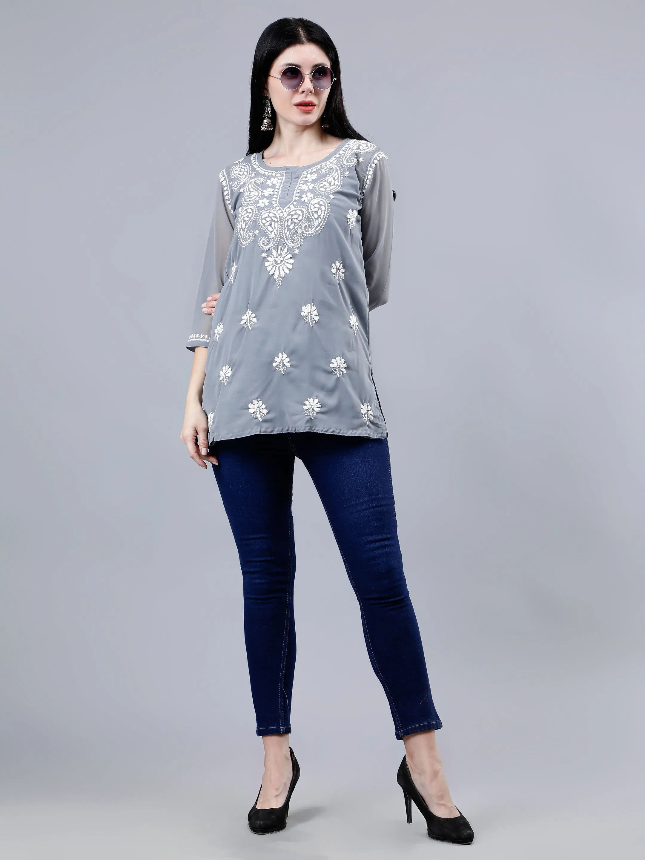 Grey Georgette Chikankari Short Tunic with Inner Slip
