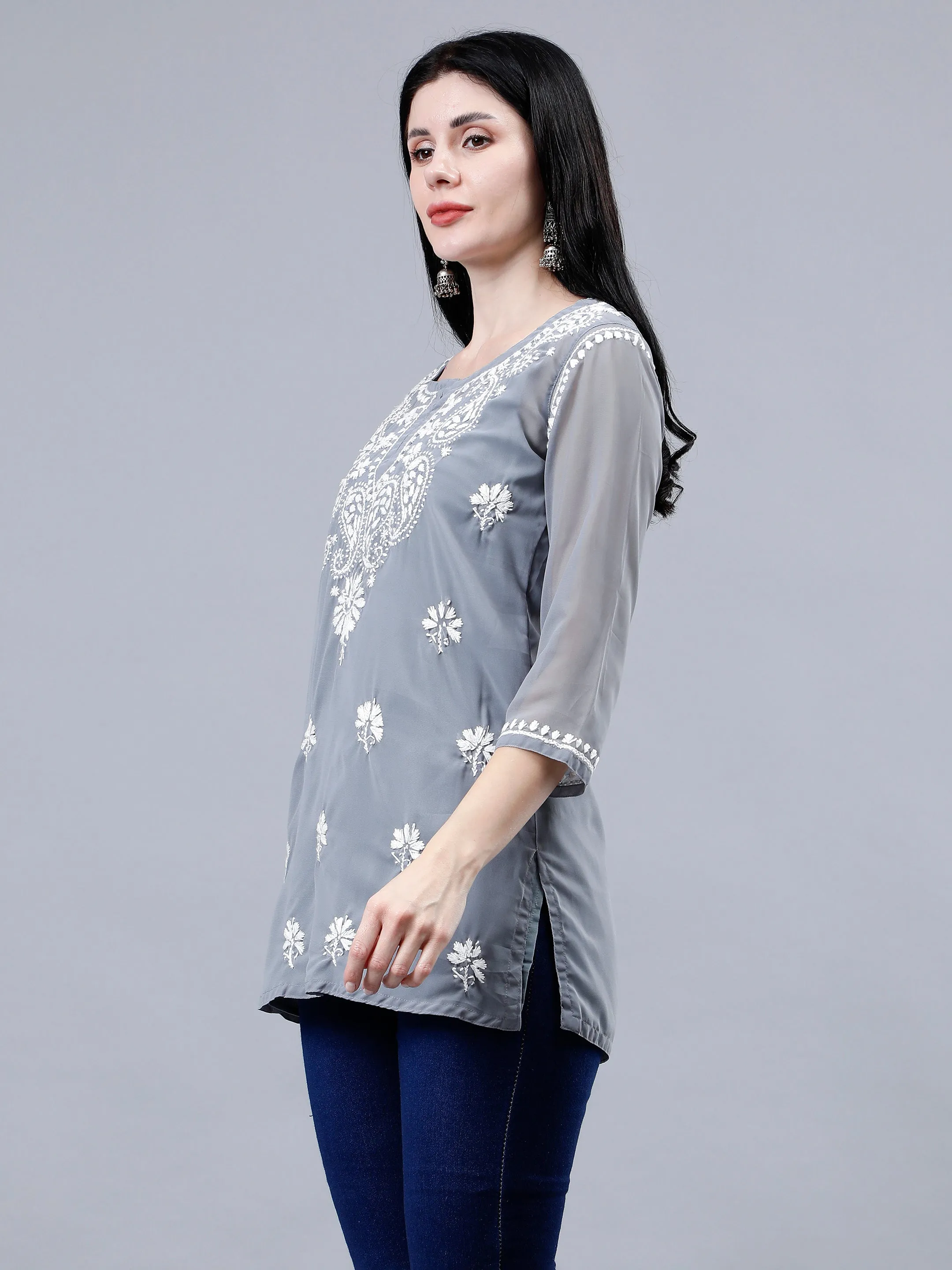 Grey Georgette Chikankari Short Tunic with Inner Slip