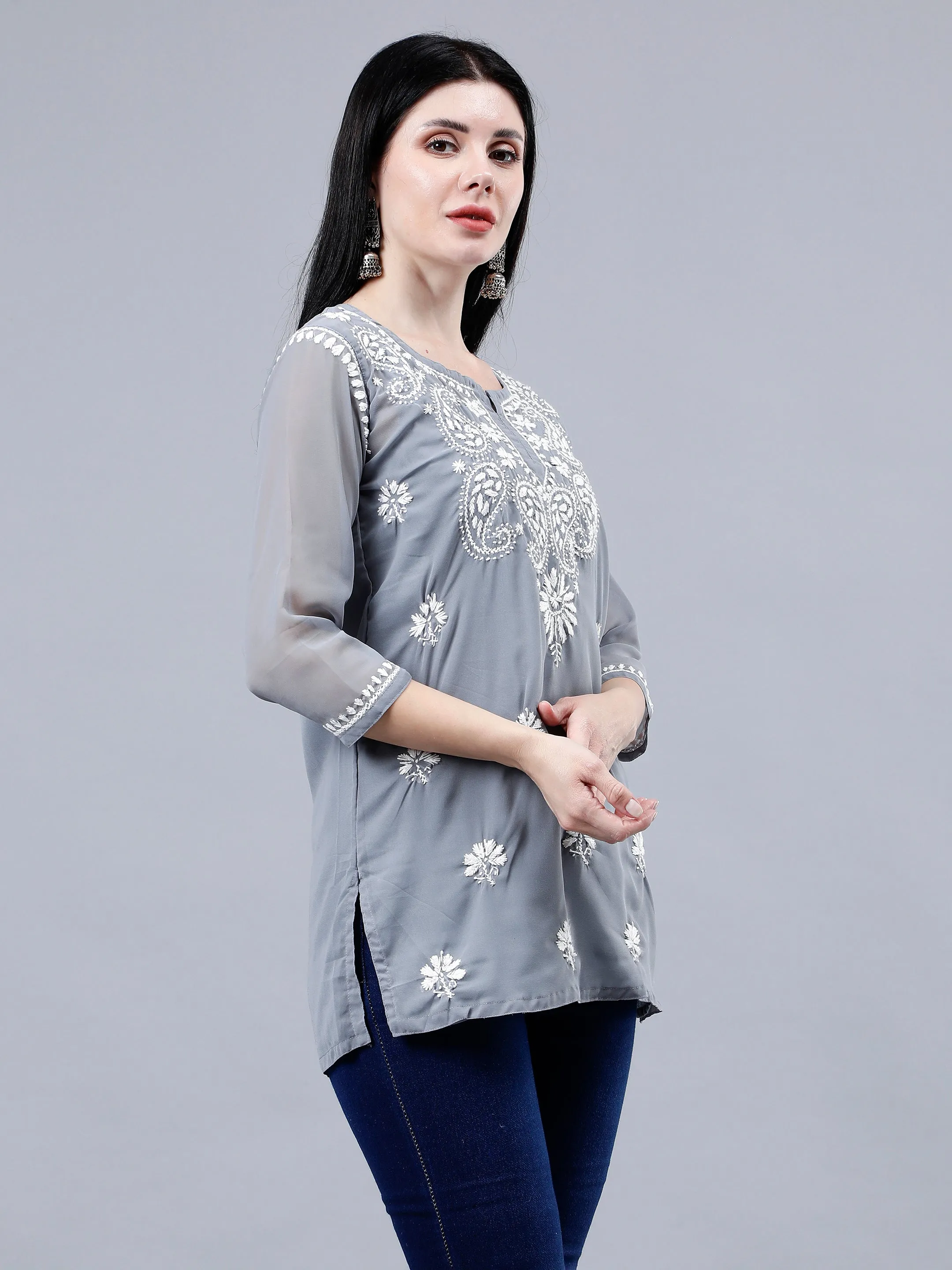 Grey Georgette Chikankari Short Tunic with Inner Slip