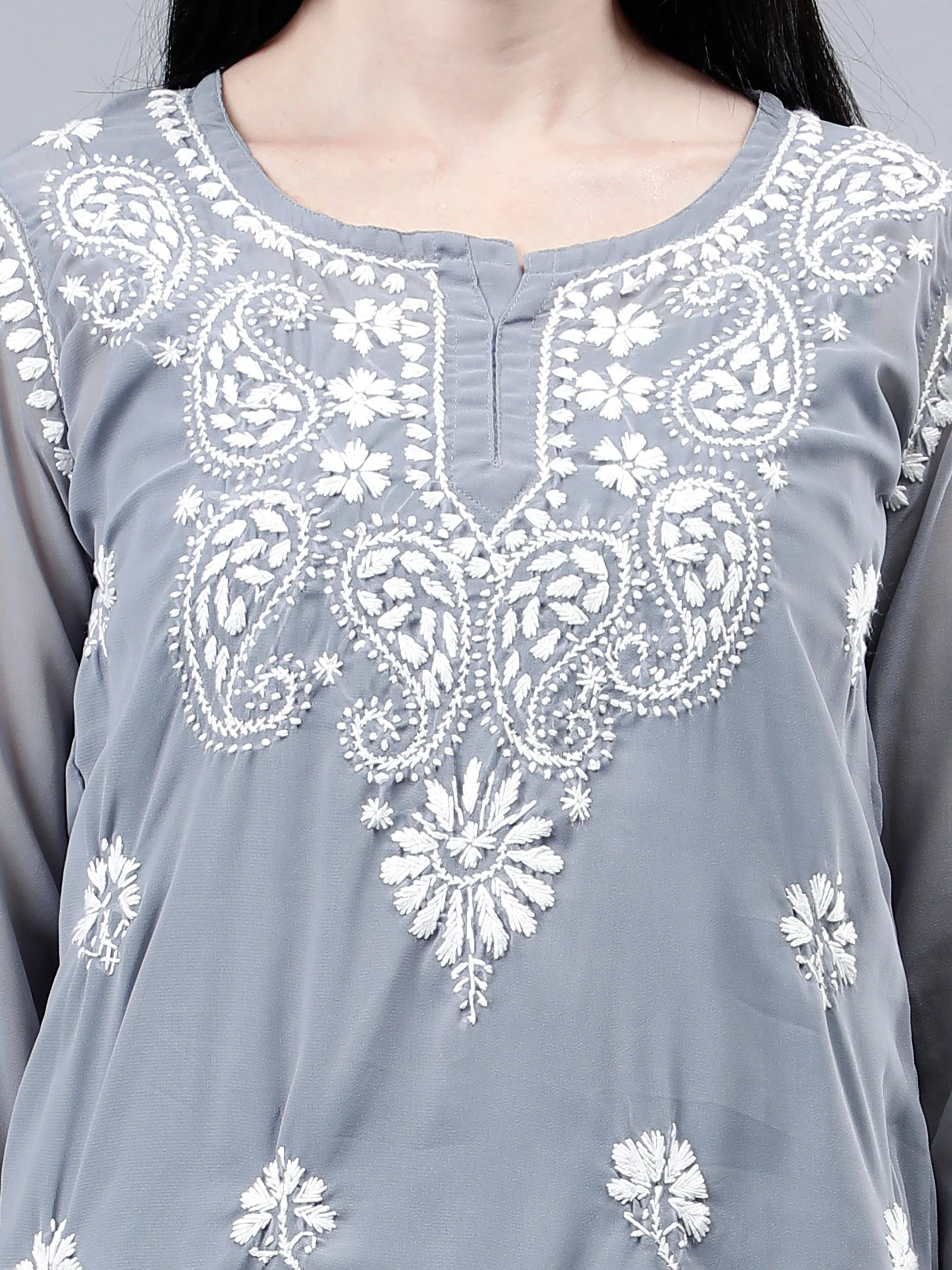 Grey Georgette Chikankari Short Tunic with Inner Slip
