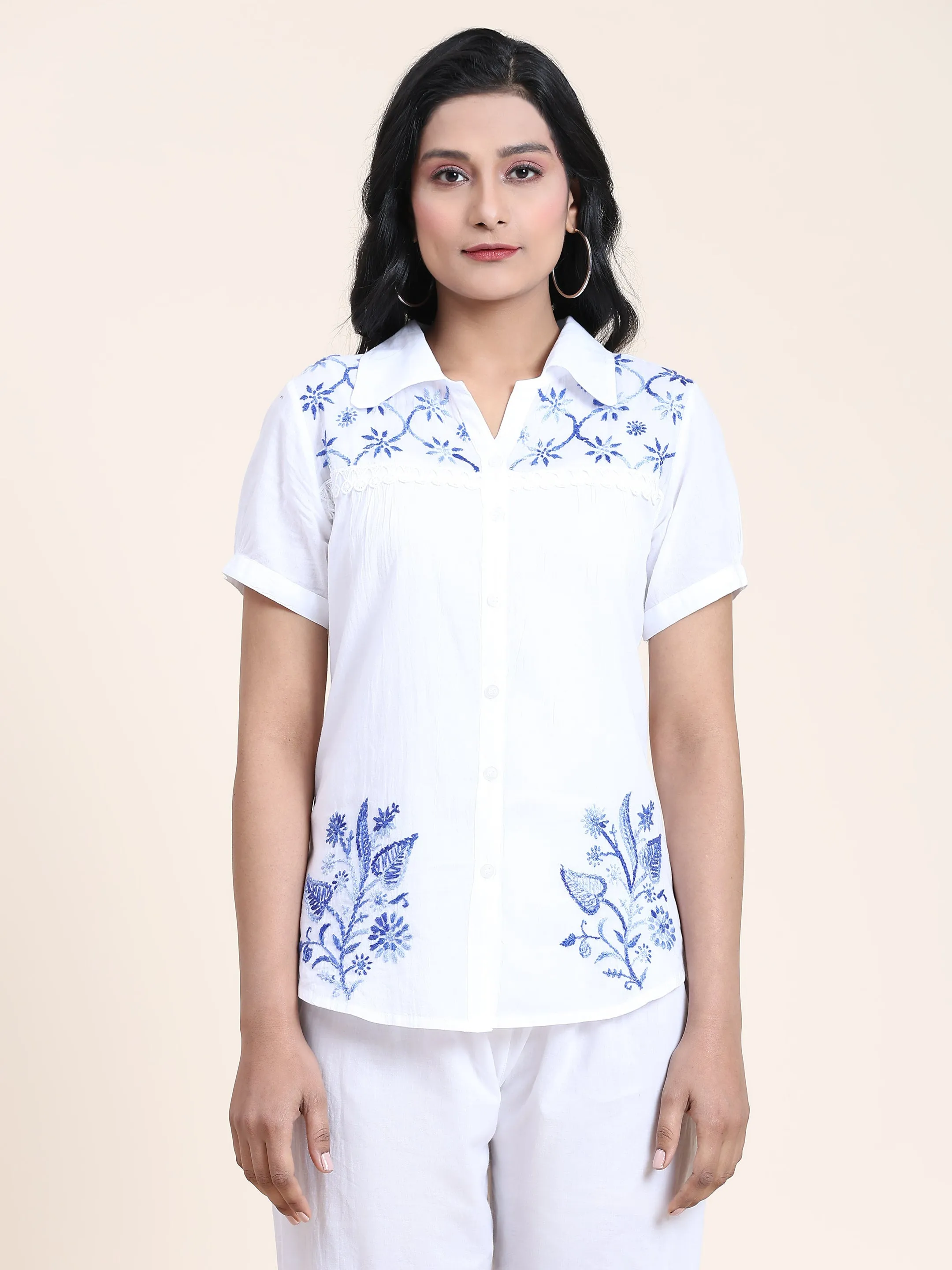 Hand embroidery Chikankari tunic-White With Blue
