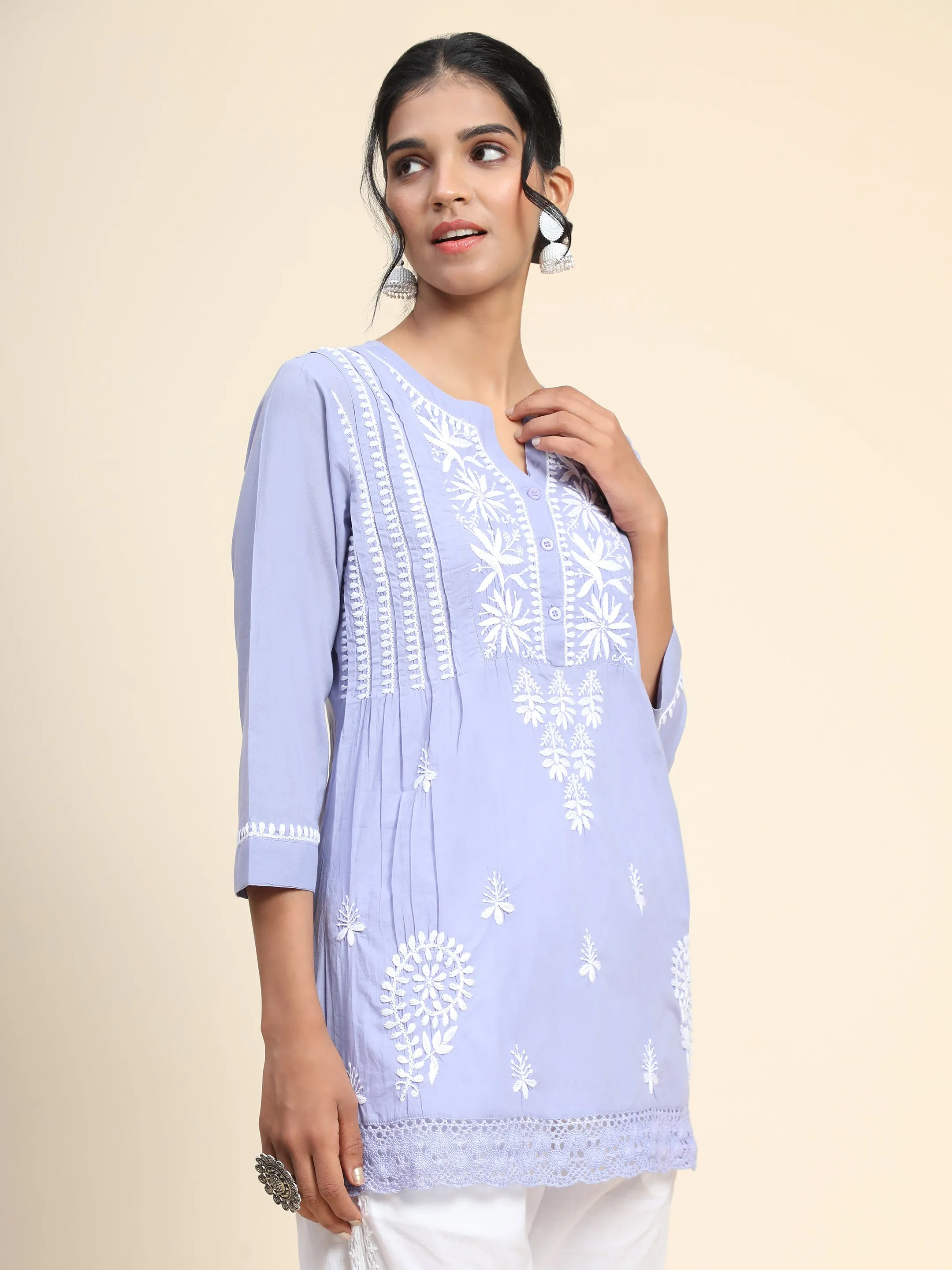 Hand Embroidery Chinakari Short Cotton Tunics-Blue