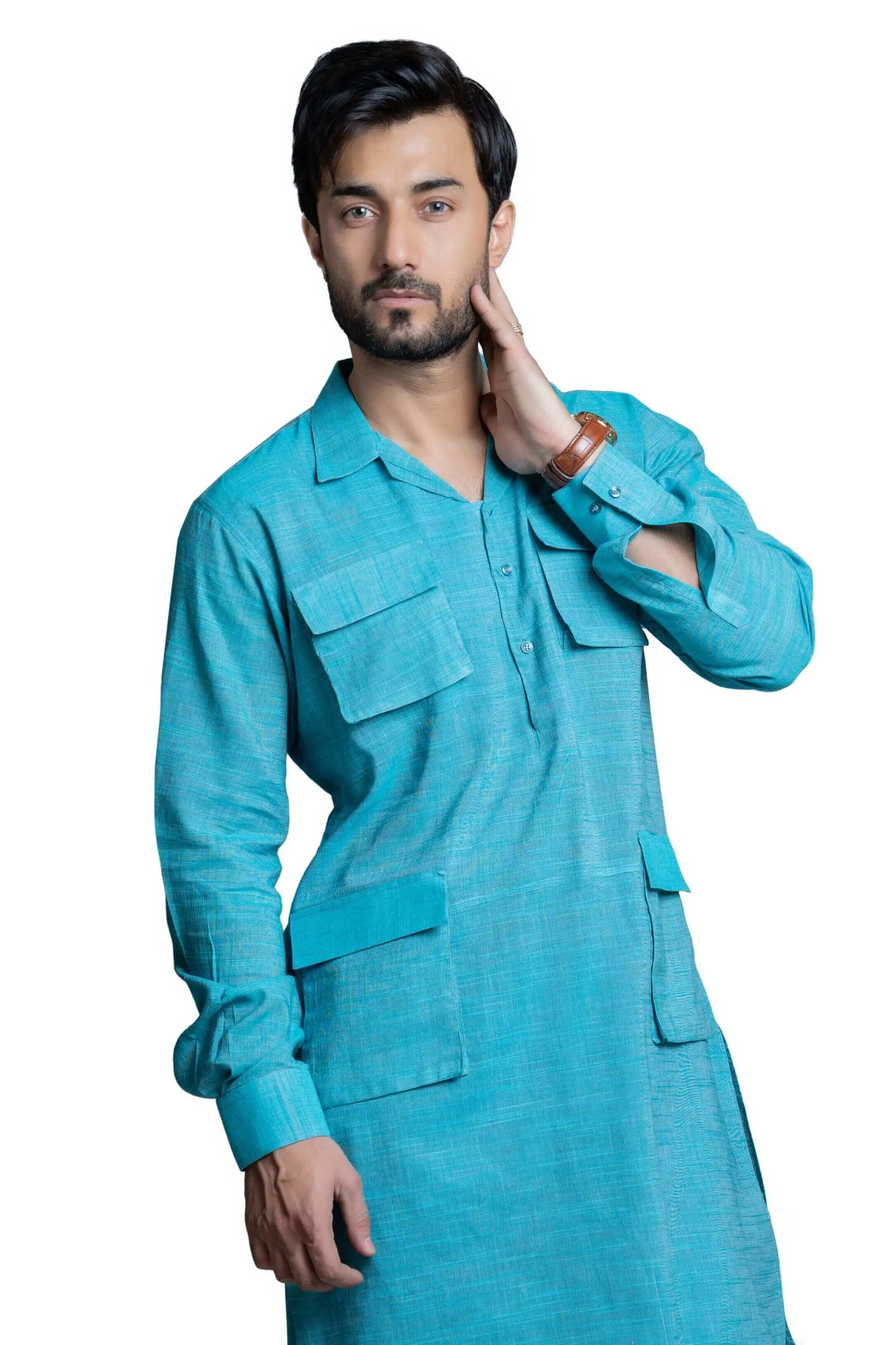 Handwoven Sky Blue Cotton 'Army DX' Kameez Shalwar