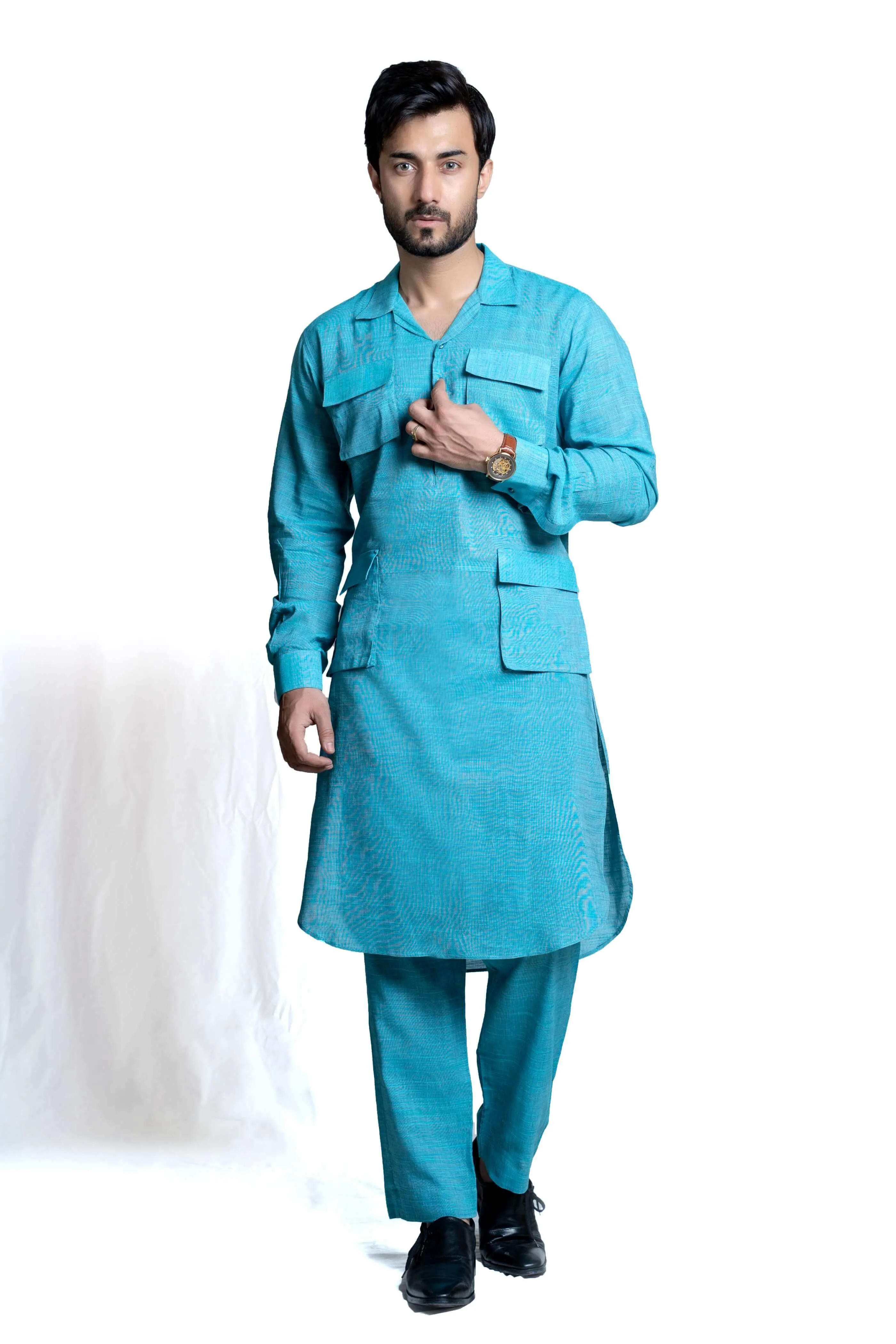 Handwoven Sky Blue Cotton 'Army DX' Kameez Shalwar