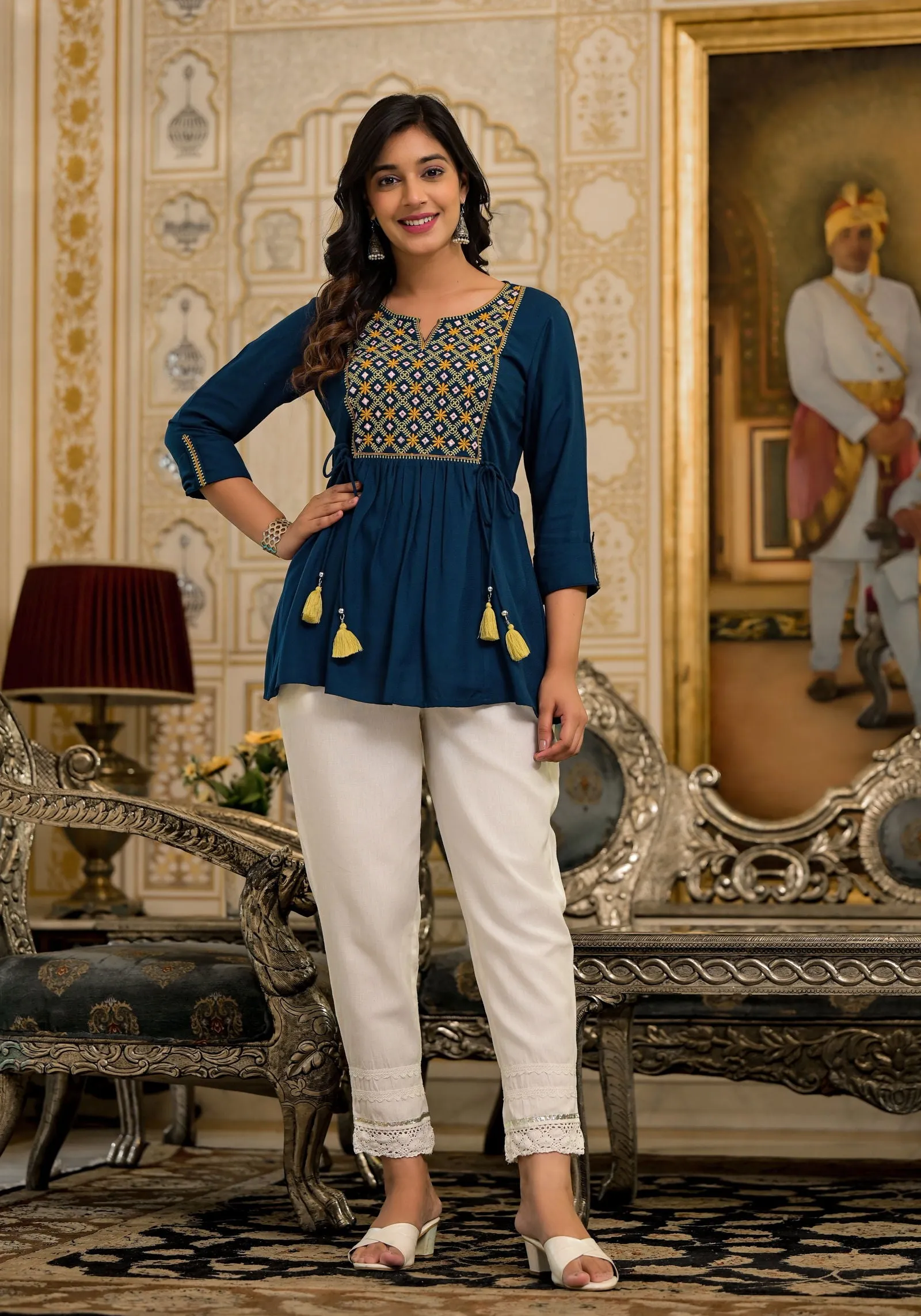Juniper Blue Thread Embroidered Rayon Tunic With Mirror Work & Tassels