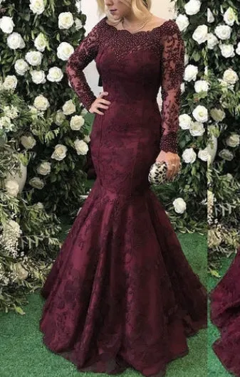 Long Sleeves Beaded Mermaid Mother of the Bride Prom Dresses