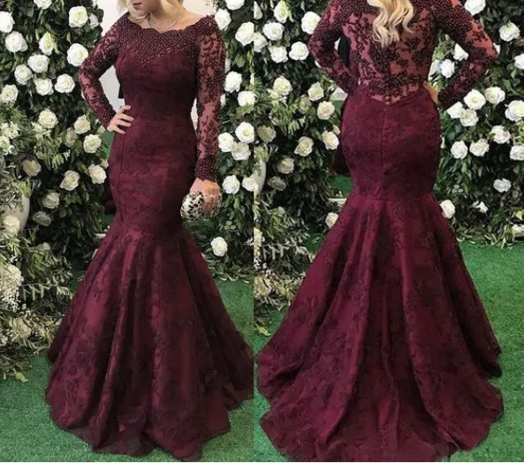 Long Sleeves Beaded Mermaid Mother of the Bride Prom Dresses