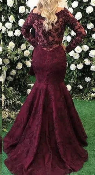 Long Sleeves Beaded Mermaid Mother of the Bride Prom Dresses