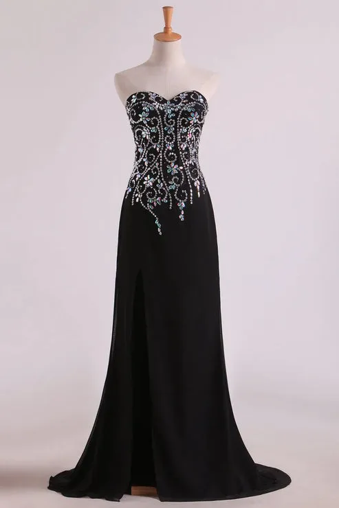 Mermaid Beaded Bodice Chiffon With Slit Party Dresses Sweep Train Off Shoulder Evening Dress