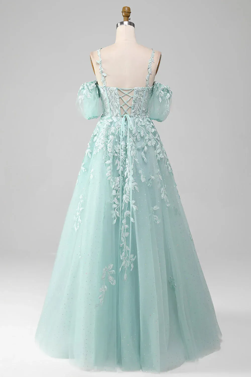 Mint Ball-Gown Off The Shoulder Beaded Prom Dresses With Appliques