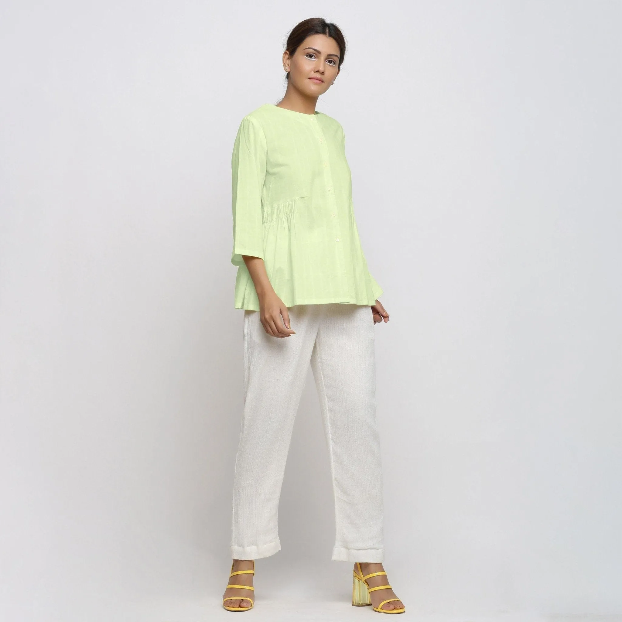 Mint Green Cotton Round Neck Button-Down Shirt