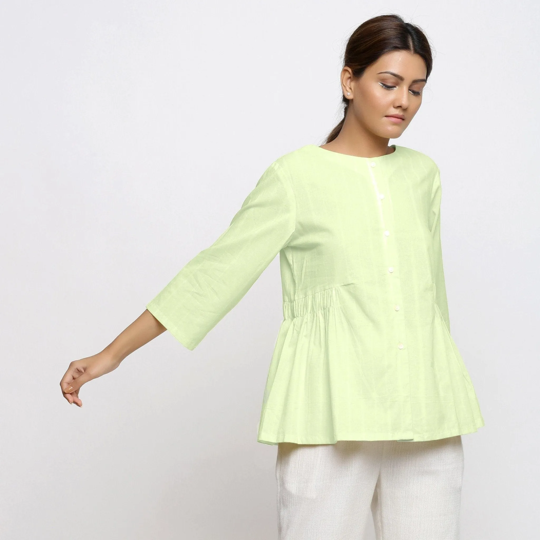 Mint Green Cotton Round Neck Button-Down Shirt