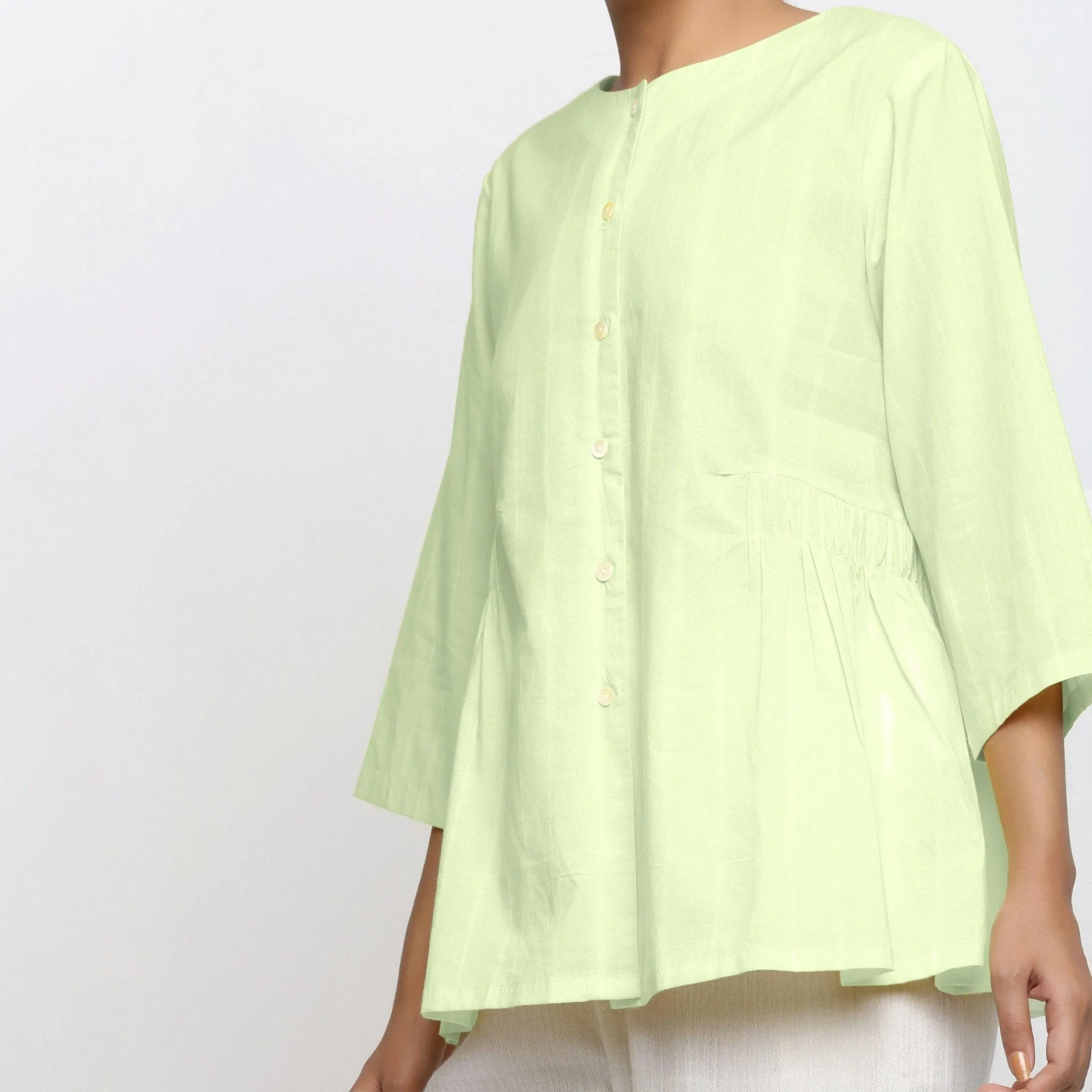 Mint Green Cotton Round Neck Button-Down Shirt