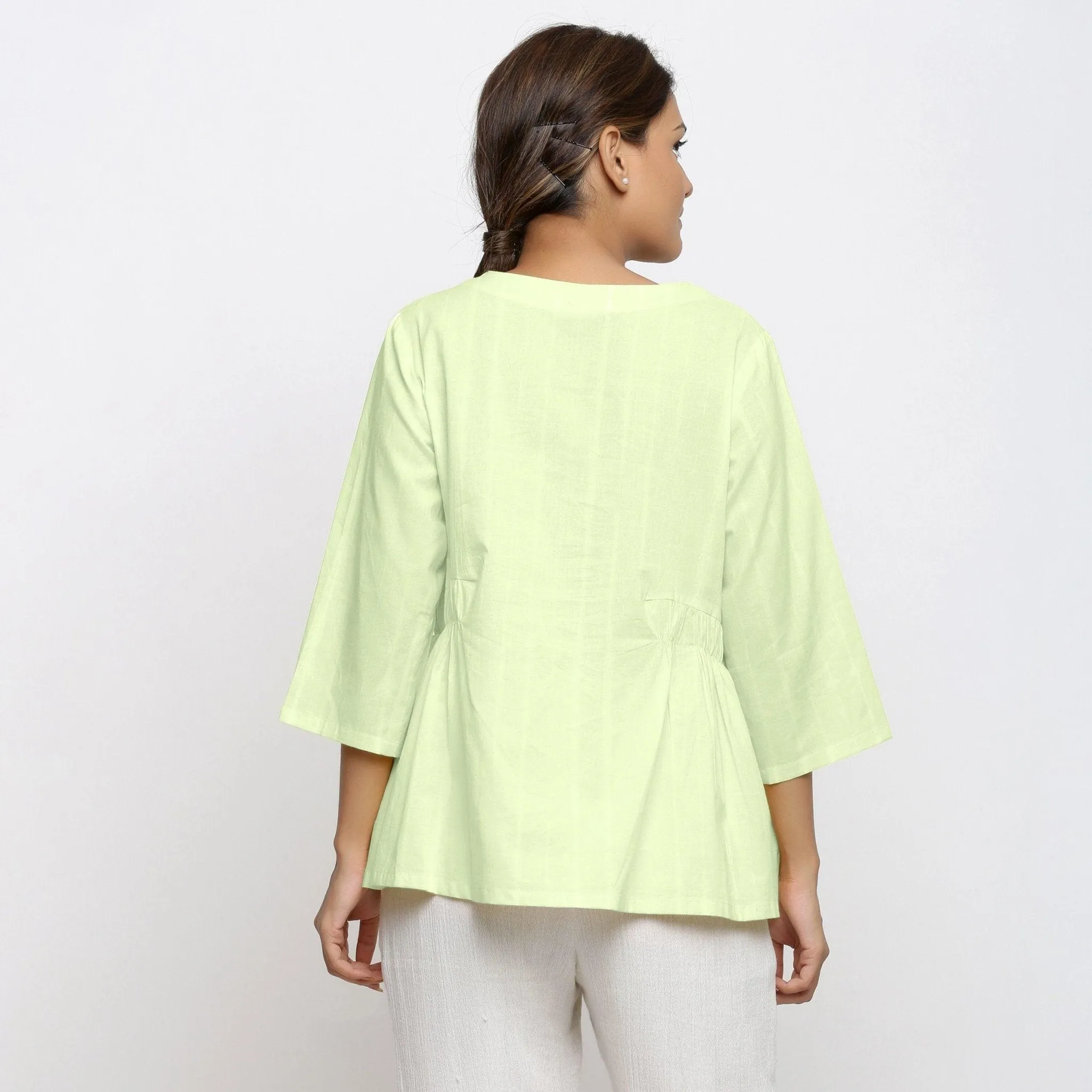 Mint Green Cotton Round Neck Button-Down Shirt