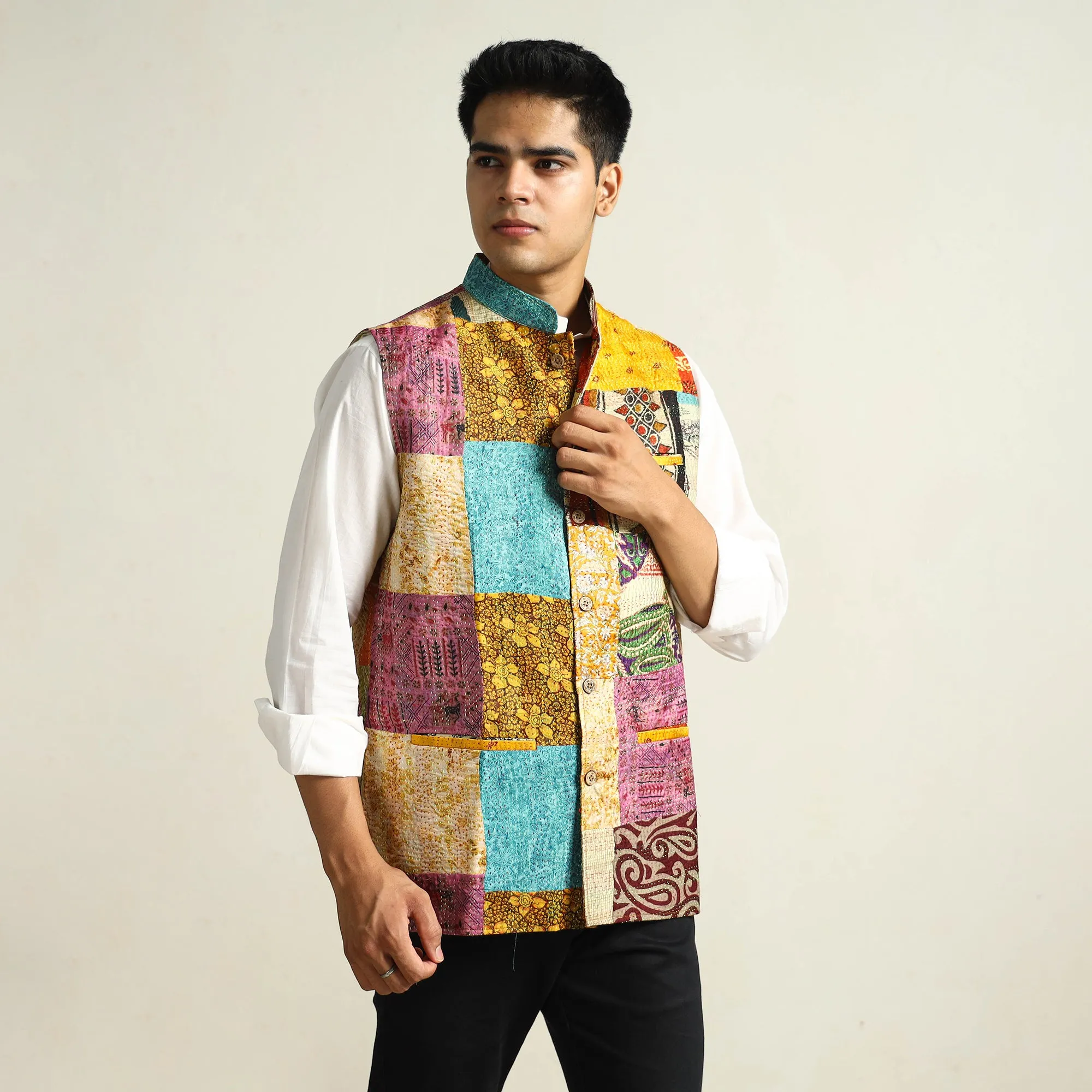 Multicolor - Kantha Embroidery Patchwork Silk Nehru Jacket 02