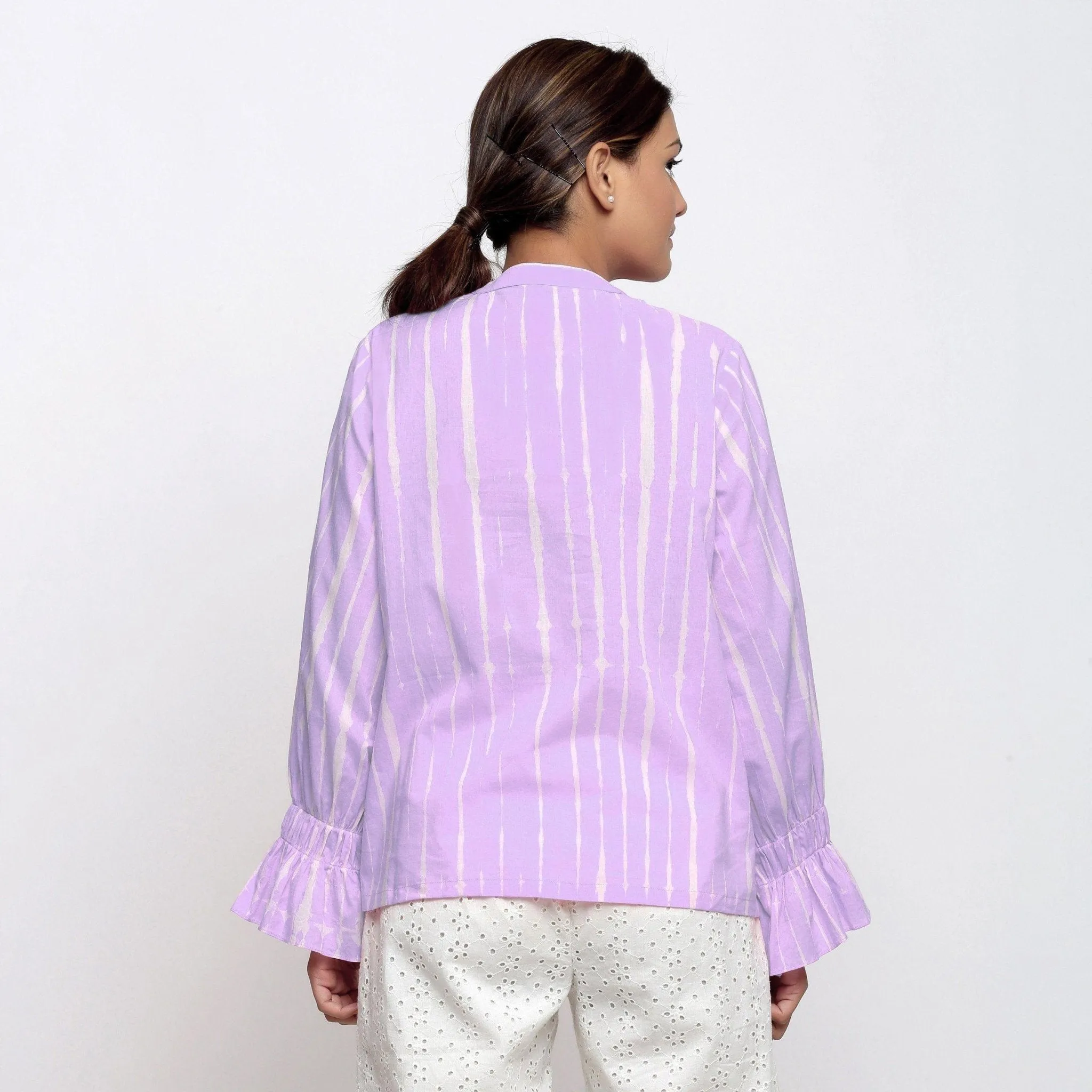 Purple Hand Tie-Dye Cotton Shirred Blouson Top