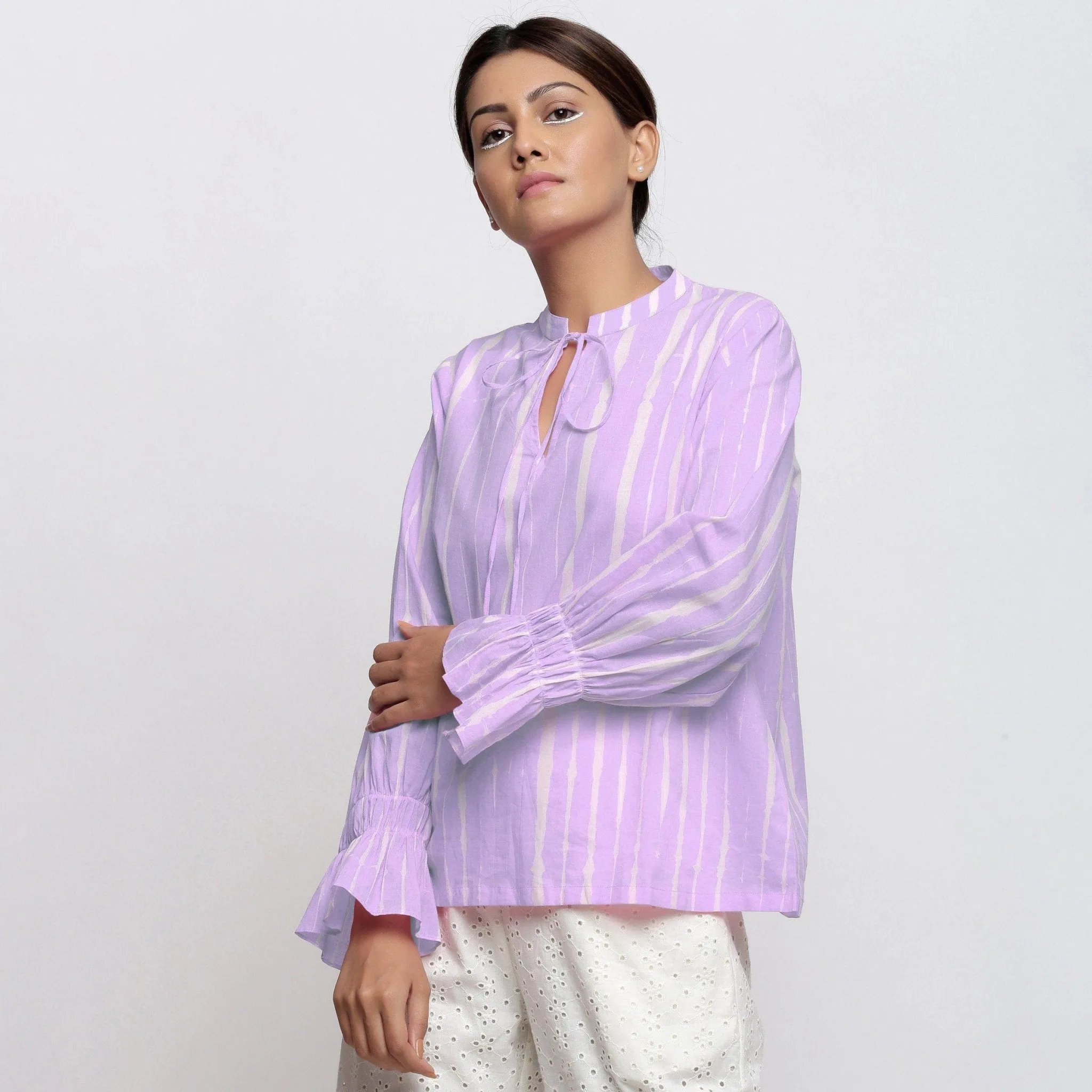 Purple Hand Tie-Dye Cotton Shirred Blouson Top