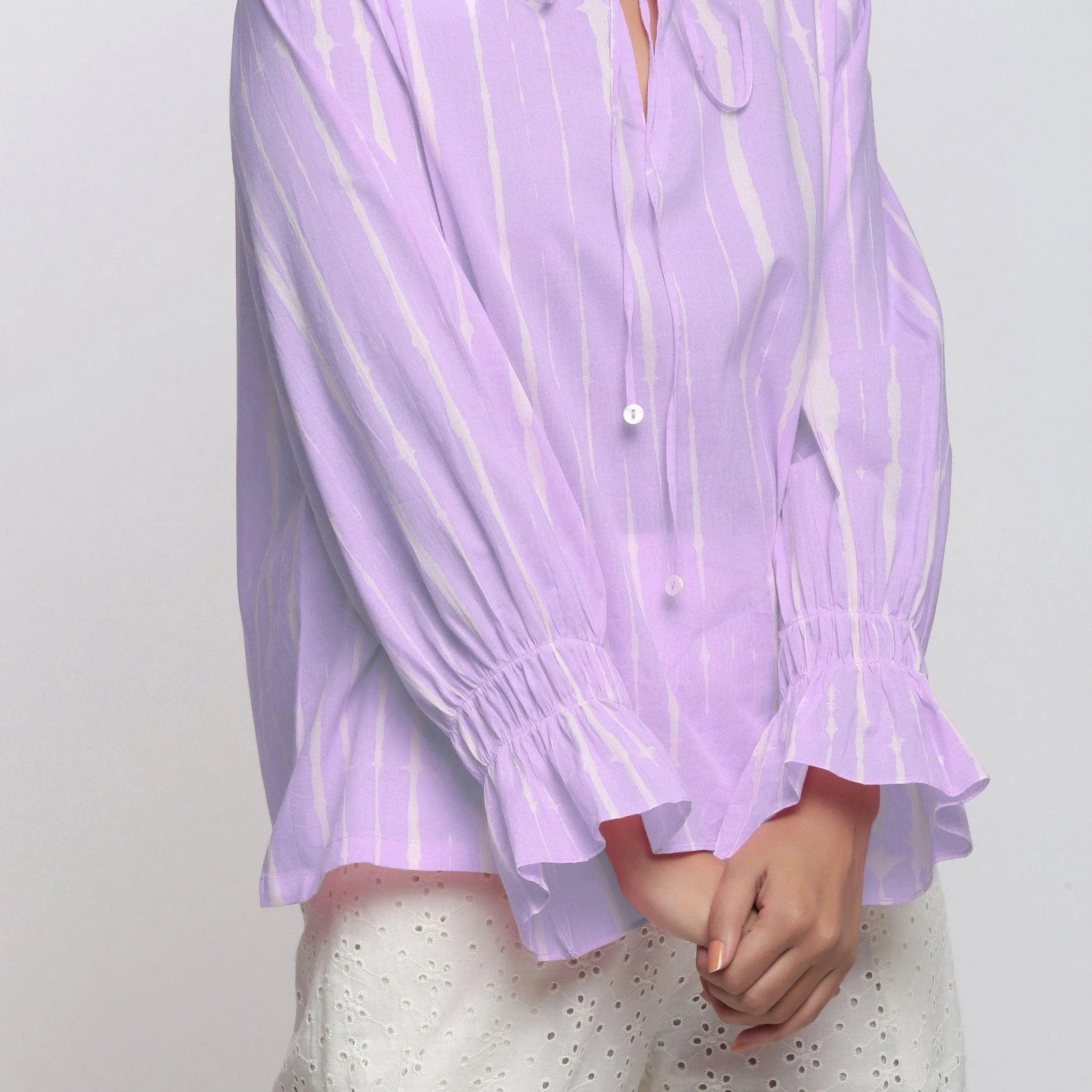 Purple Hand Tie-Dye Cotton Shirred Blouson Top