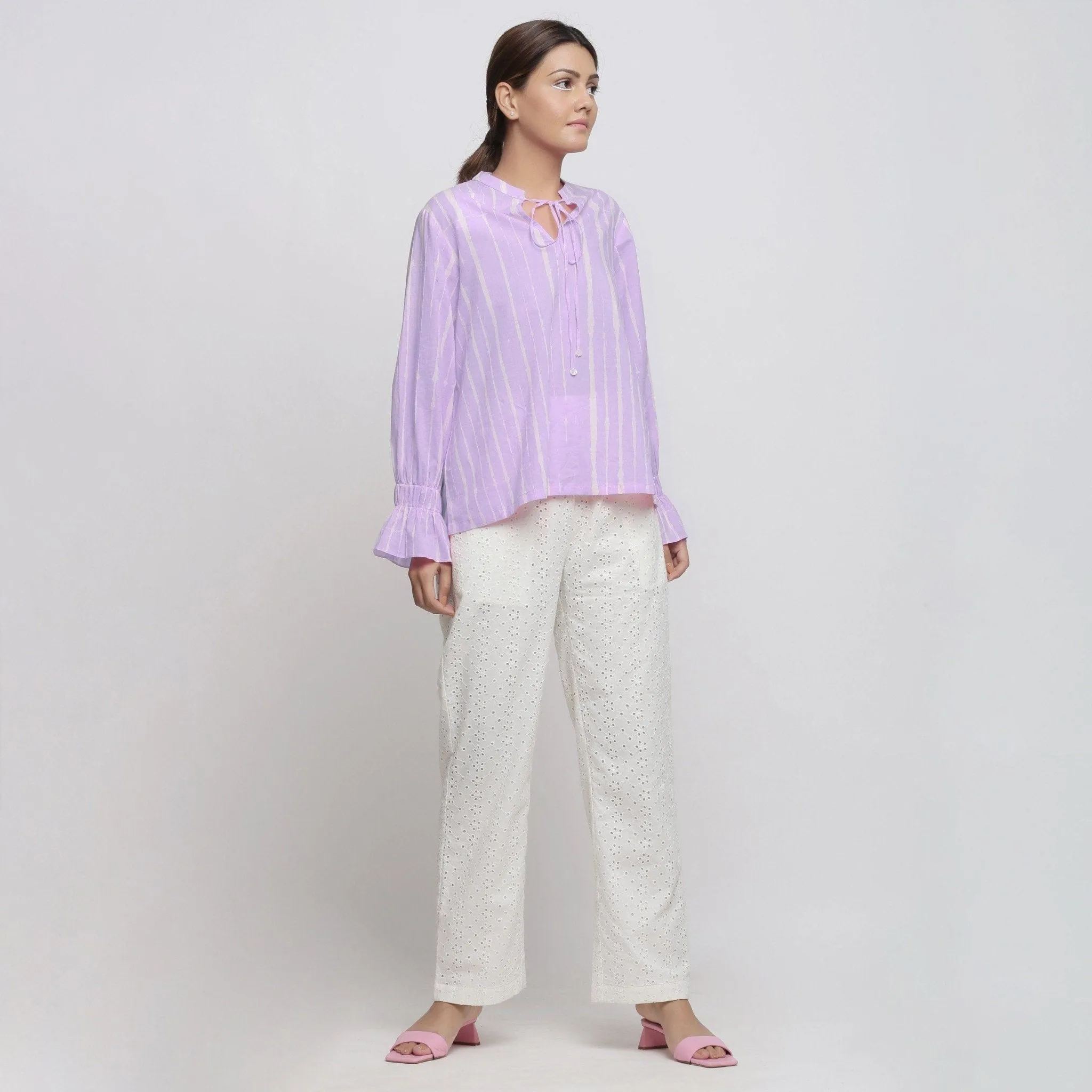 Purple Hand Tie-Dye Cotton Shirred Blouson Top