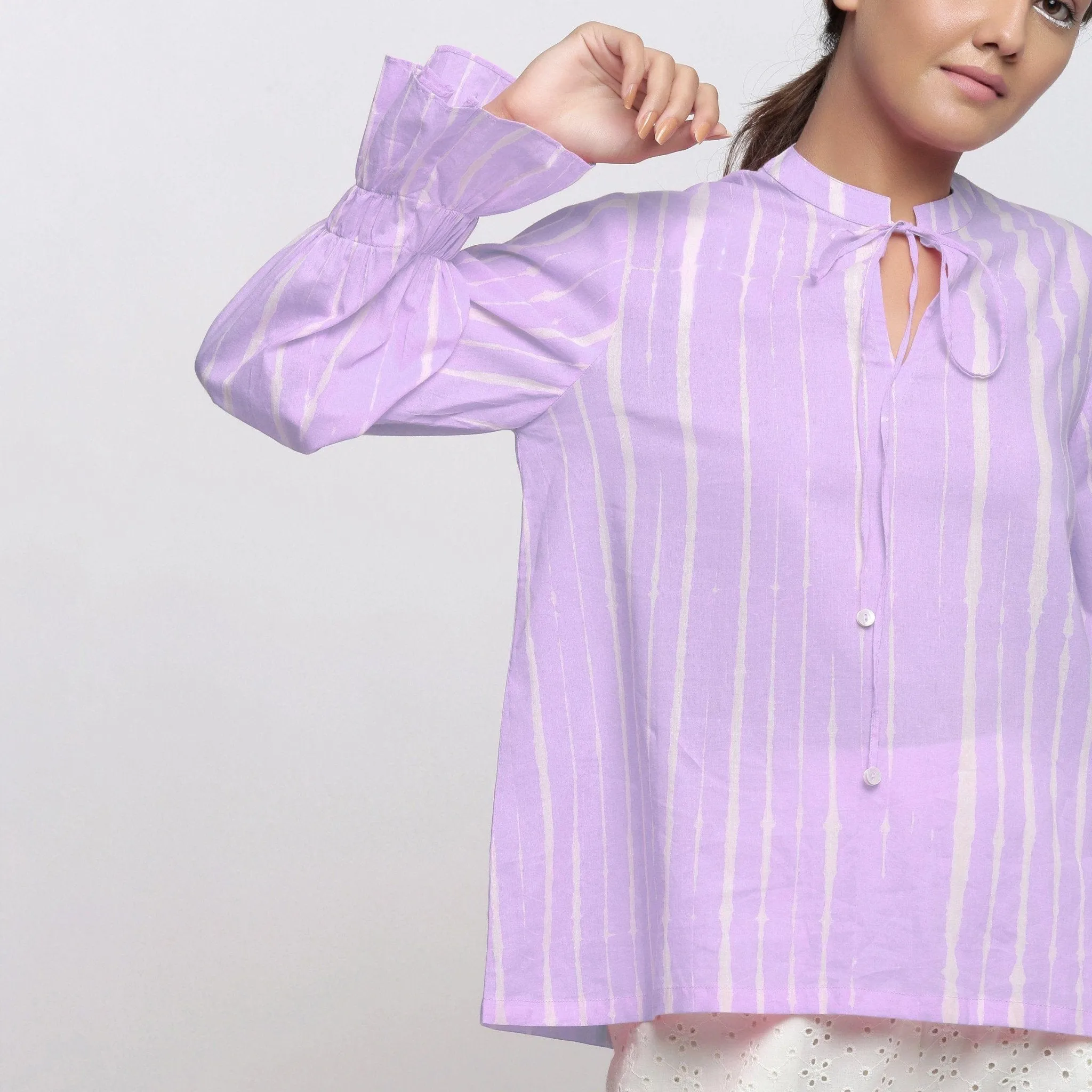 Purple Hand Tie-Dye Cotton Shirred Blouson Top