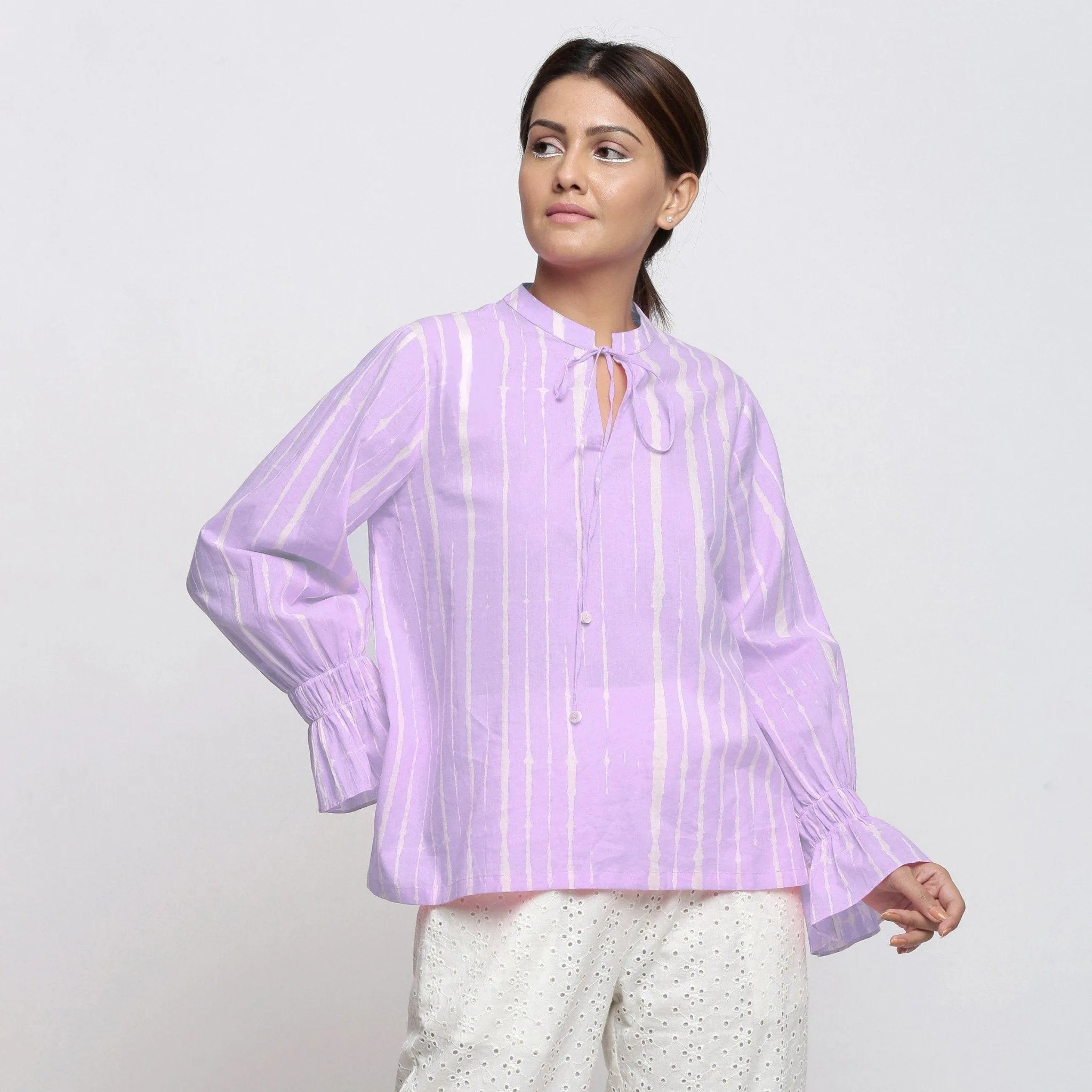 Purple Hand Tie-Dye Cotton Shirred Blouson Top