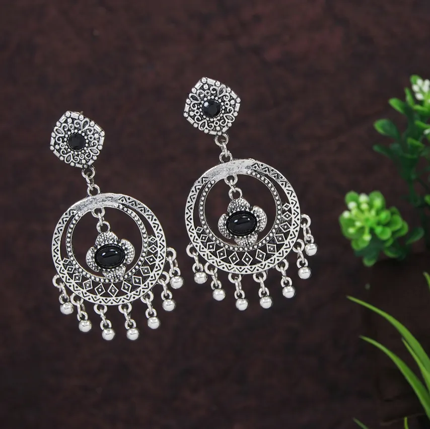 Silver Oxidized Plated Floral Engraved Earring