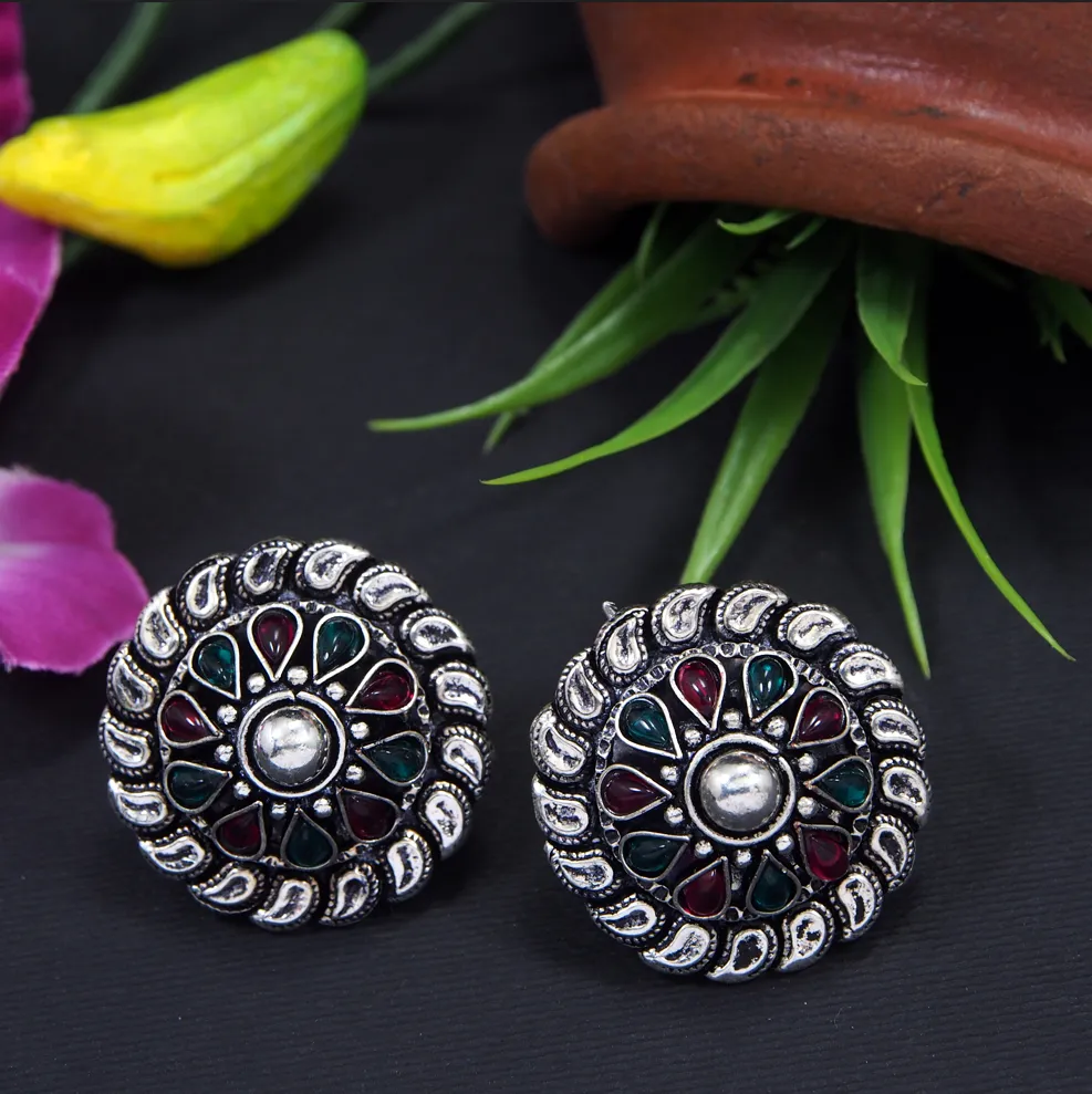 Silver Plated Circle Shaped Multi Coloured Stud Earring