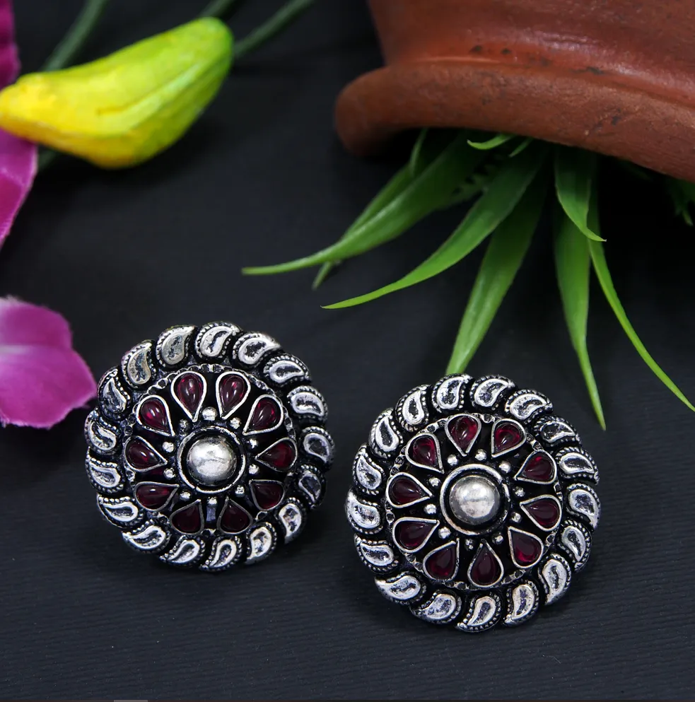 Silver Plated Circle Shaped Multi Coloured Stud Earring