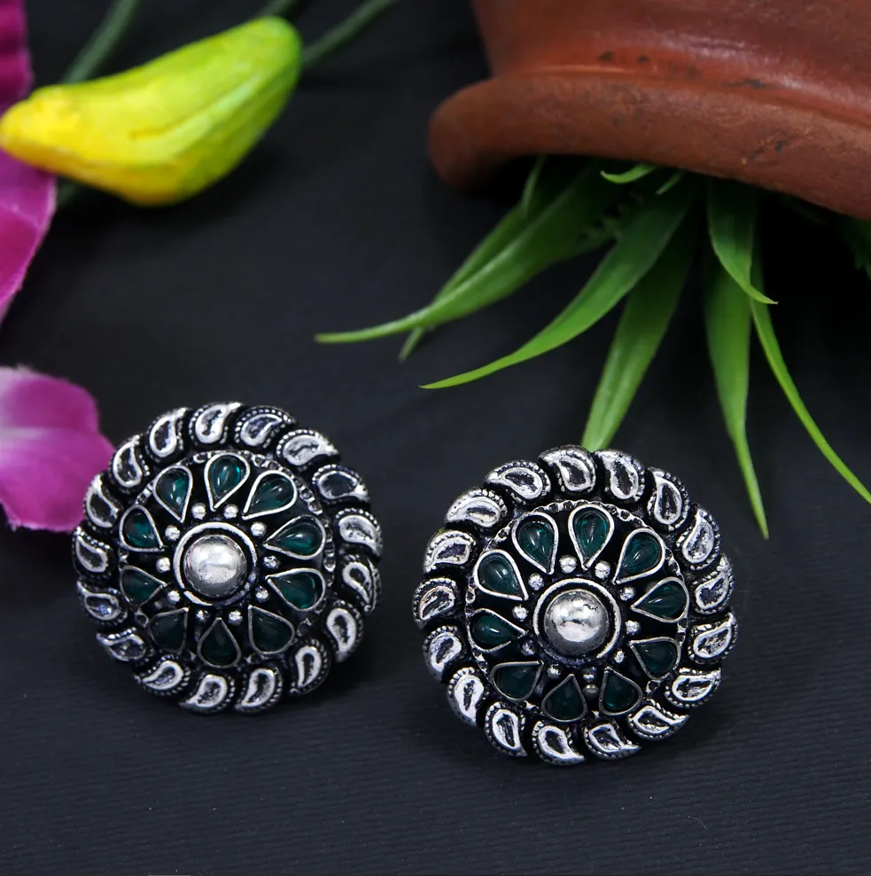 Silver Plated Circle Shaped Multi Coloured Stud Earring
