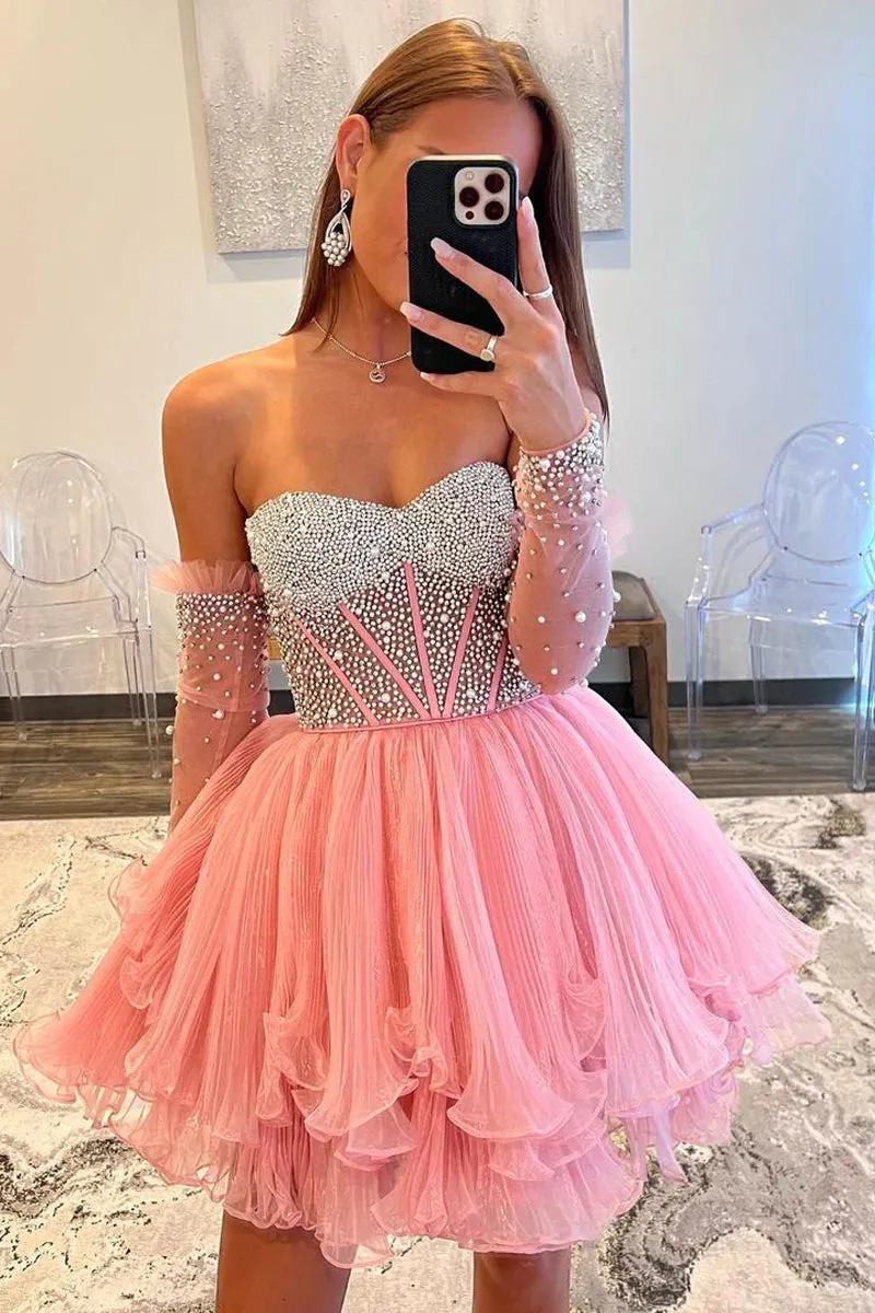 Stunning A-Line Sweetheart Pink Beaded Homecoming Dresses with Sleeves