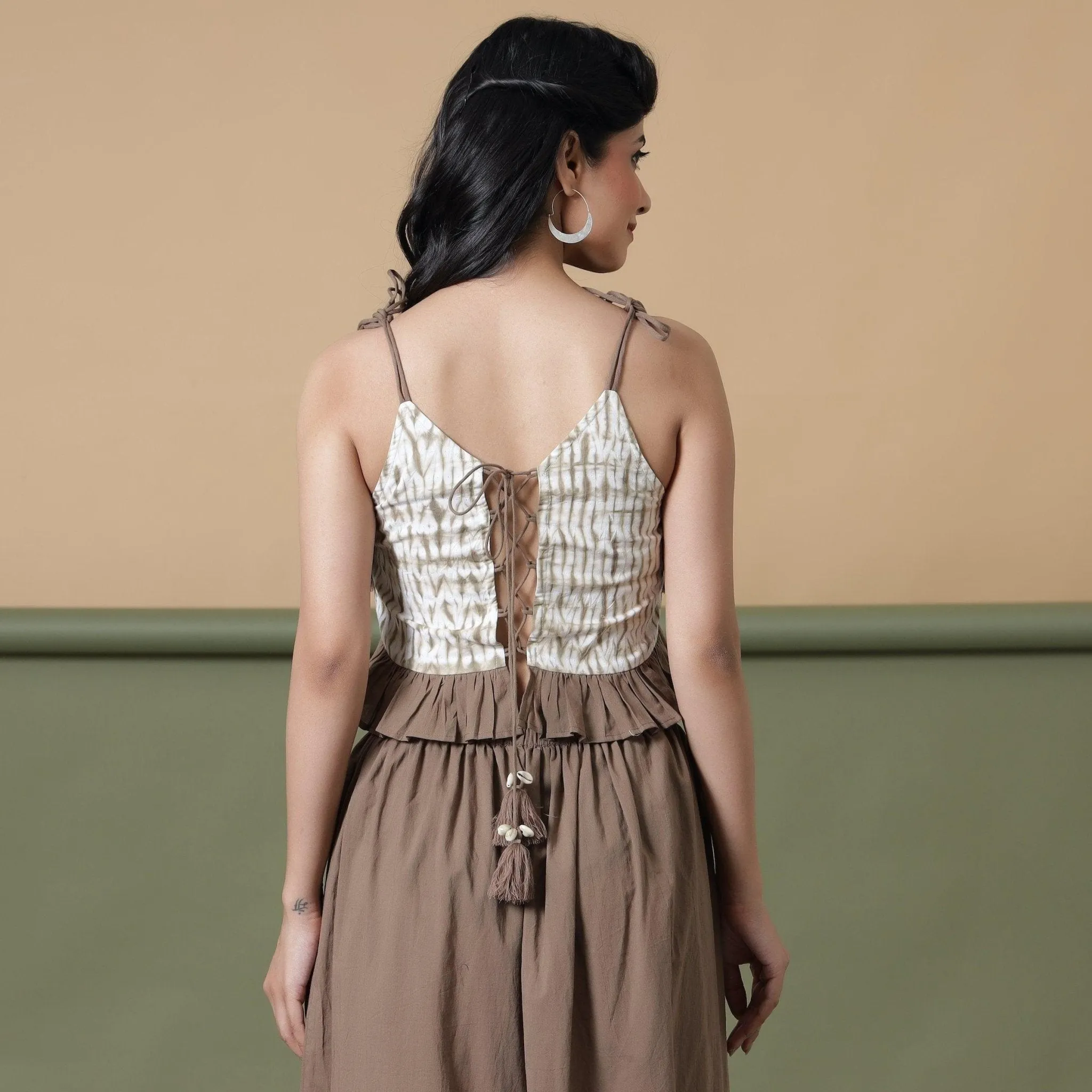 Taupe Shibori Tie-Dye Cotton Frill Camisole Top