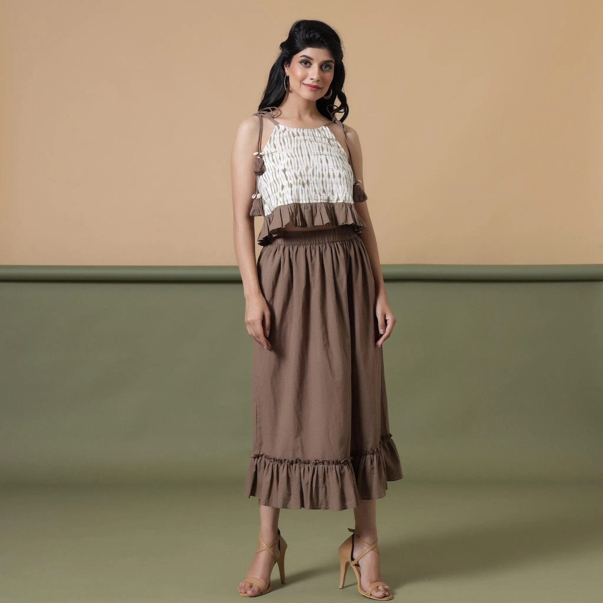 Taupe Shibori Tie-Dye Cotton Frill Camisole Top