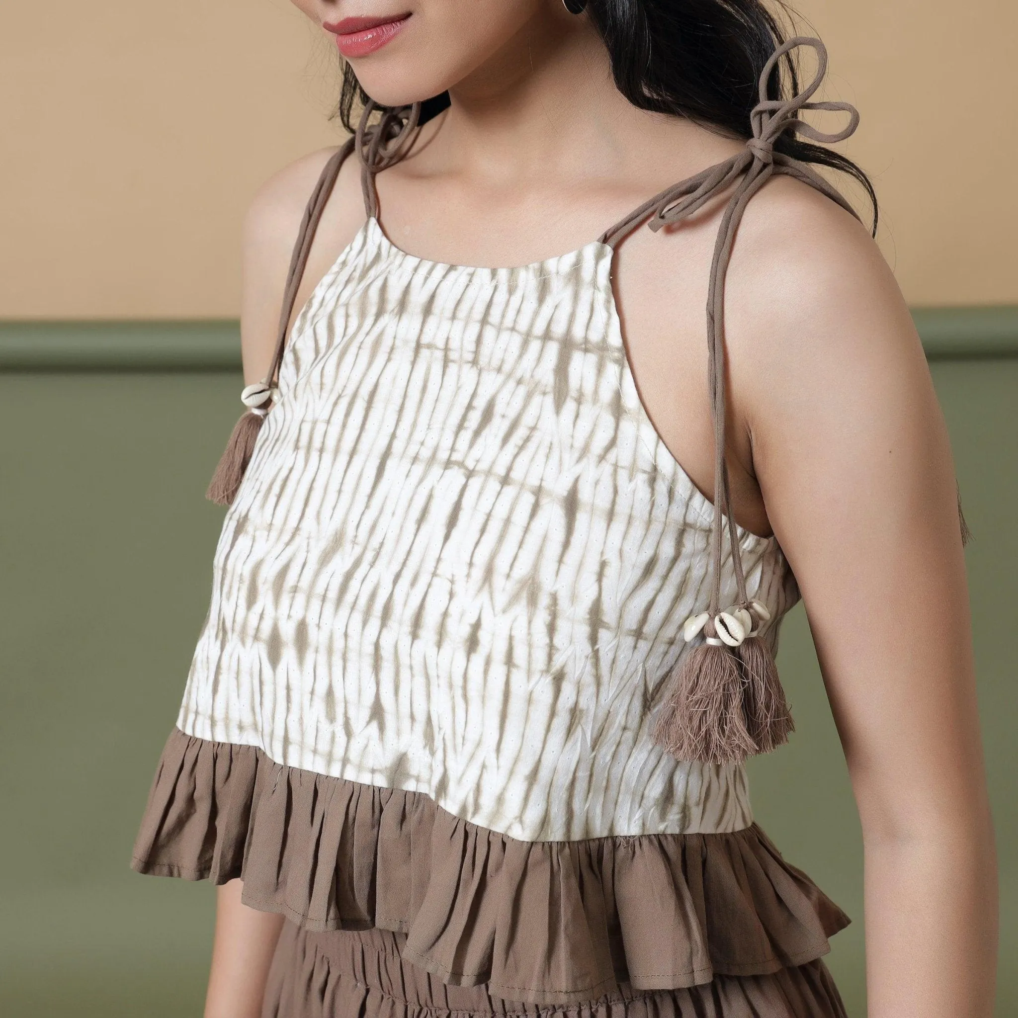 Taupe Shibori Tie-Dye Cotton Frill Camisole Top