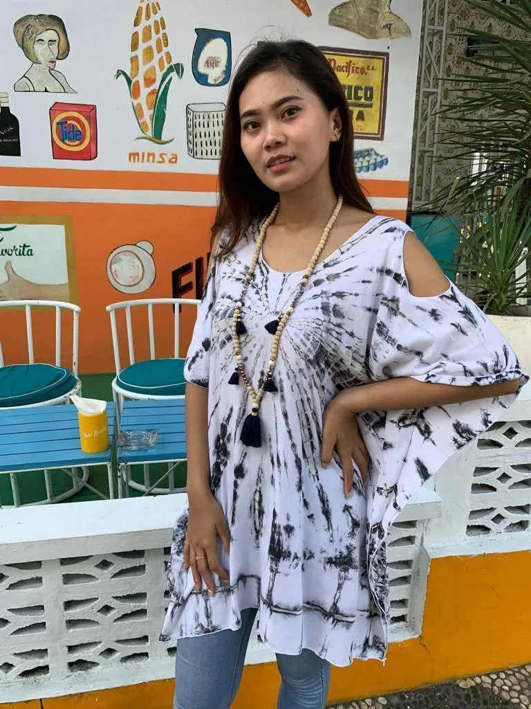TOP SARONG Short Length, White/ Grey Tie Dye