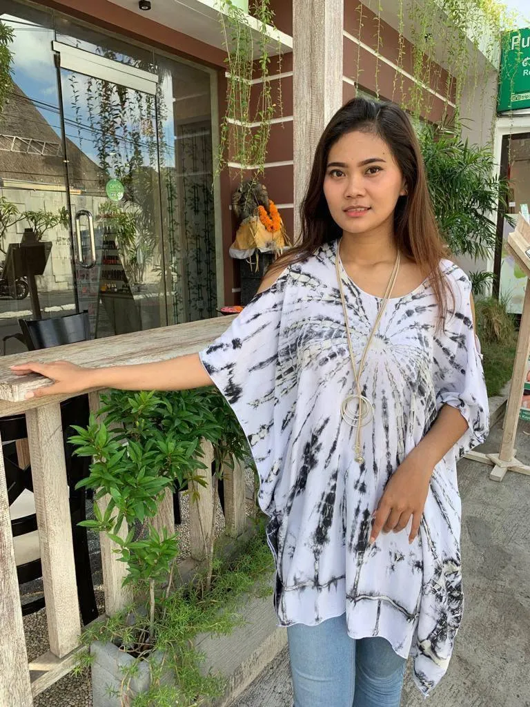 TOP SARONG Short Length, White/ Grey Tie Dye