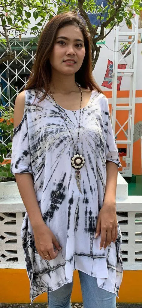TOP SARONG Short Length, White/ Grey Tie Dye