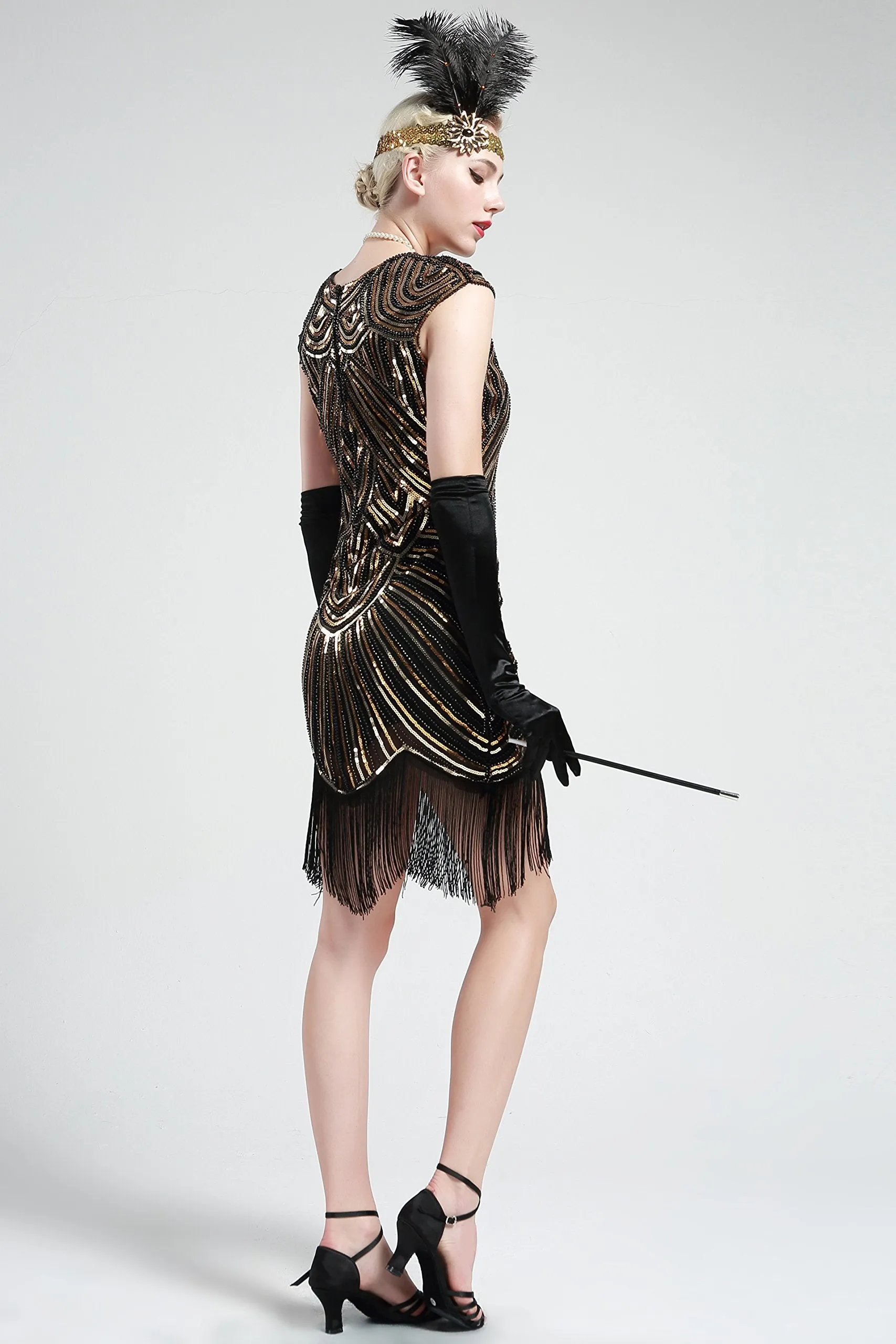 US STOCK Black and Gold Flapper Beaded Fringed Great Gatsby Dress