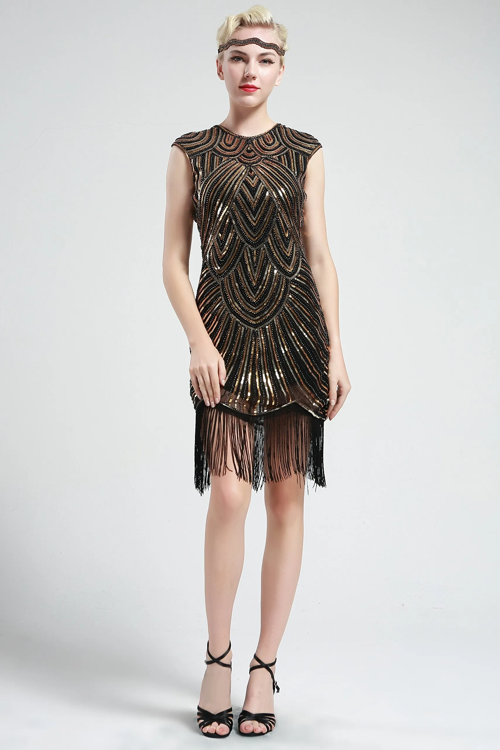 US STOCK Black and Gold Flapper Beaded Fringed Great Gatsby Dress