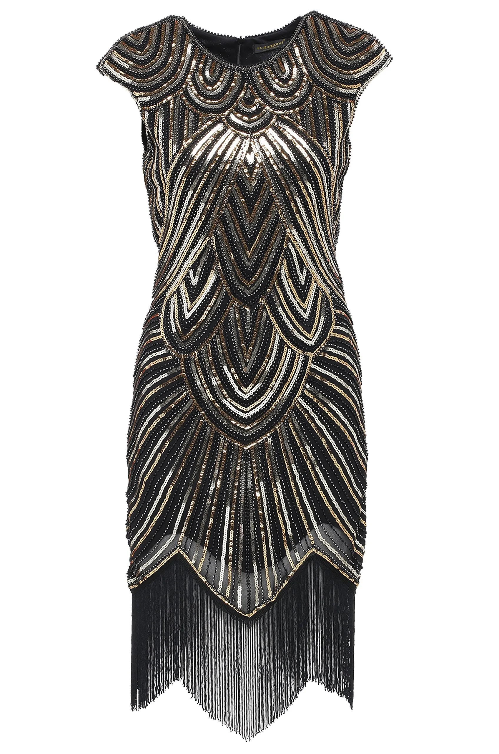 US STOCK Black and Gold Flapper Beaded Fringed Great Gatsby Dress