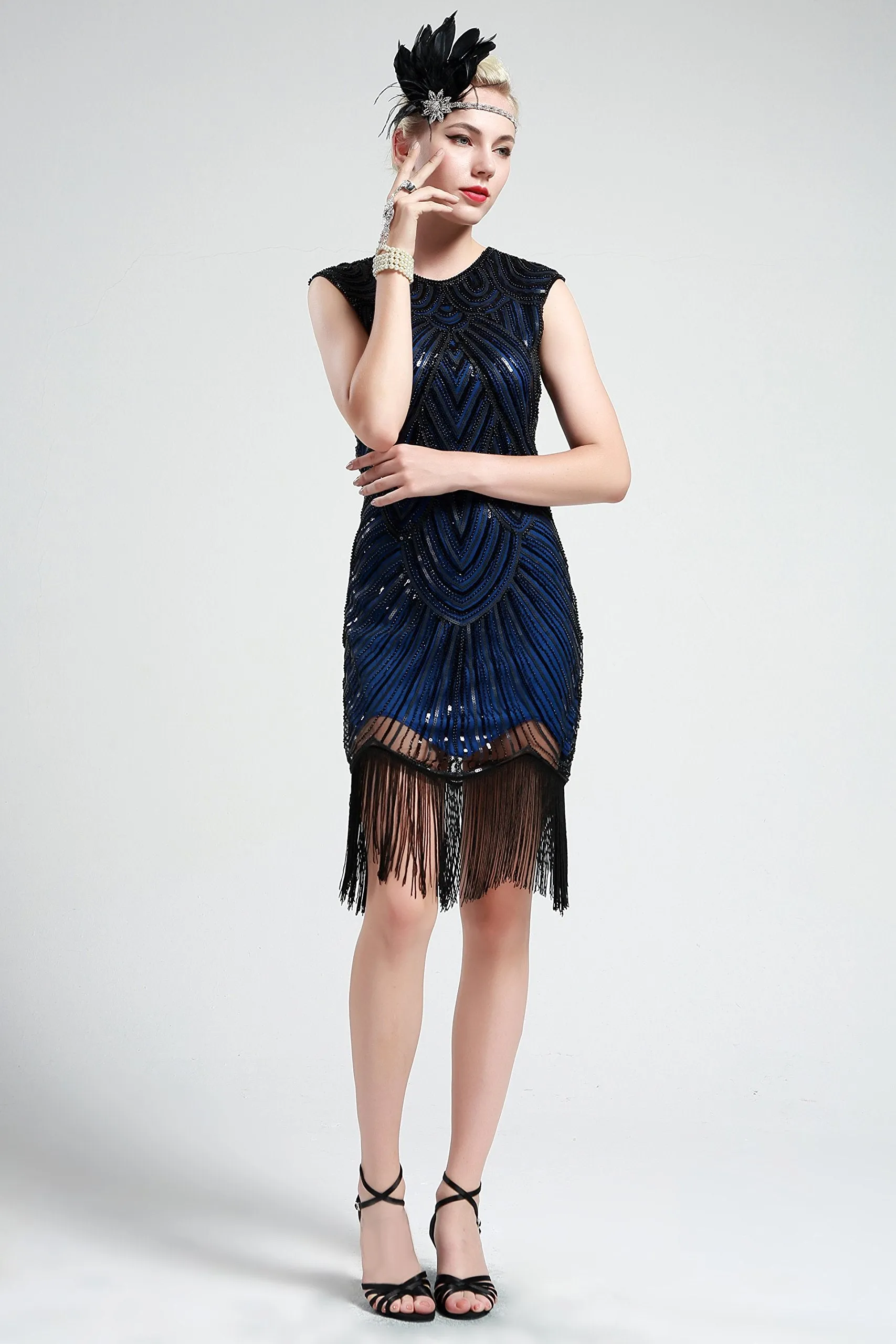 US STOCK Black and Gold Flapper Beaded Fringed Great Gatsby Dress