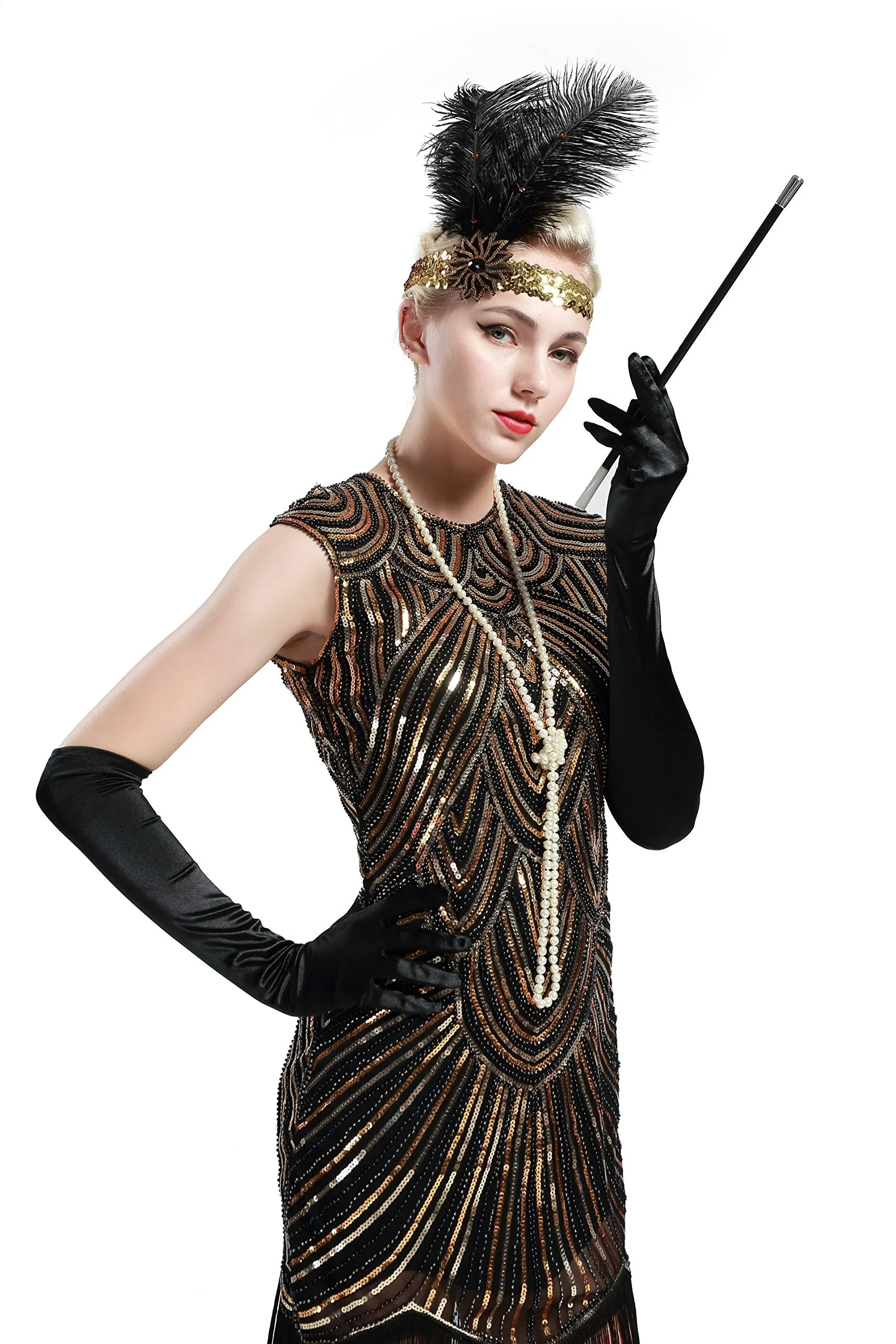 US STOCK Black and Gold Flapper Beaded Fringed Great Gatsby Dress
