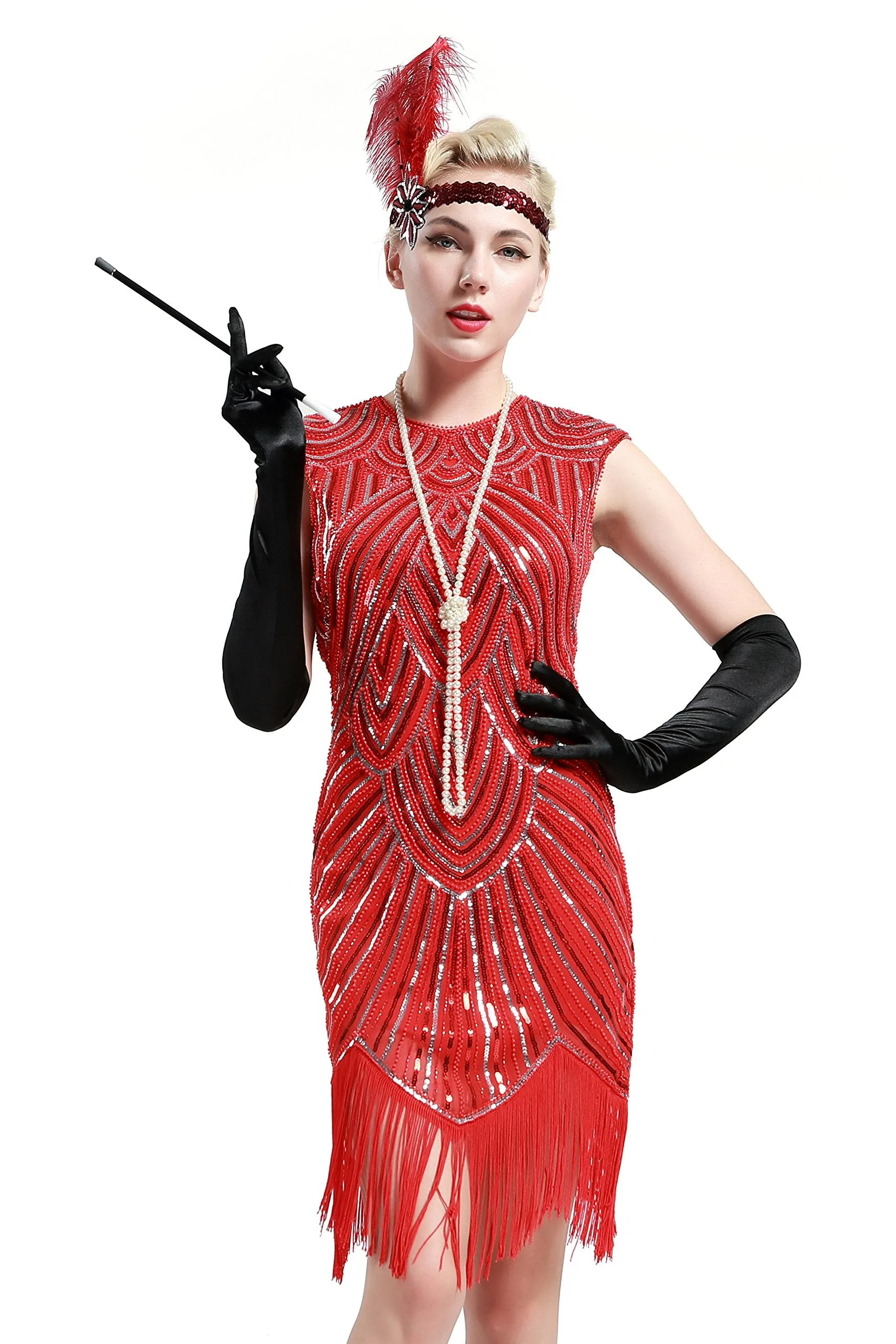 US STOCK Black and Gold Flapper Beaded Fringed Great Gatsby Dress