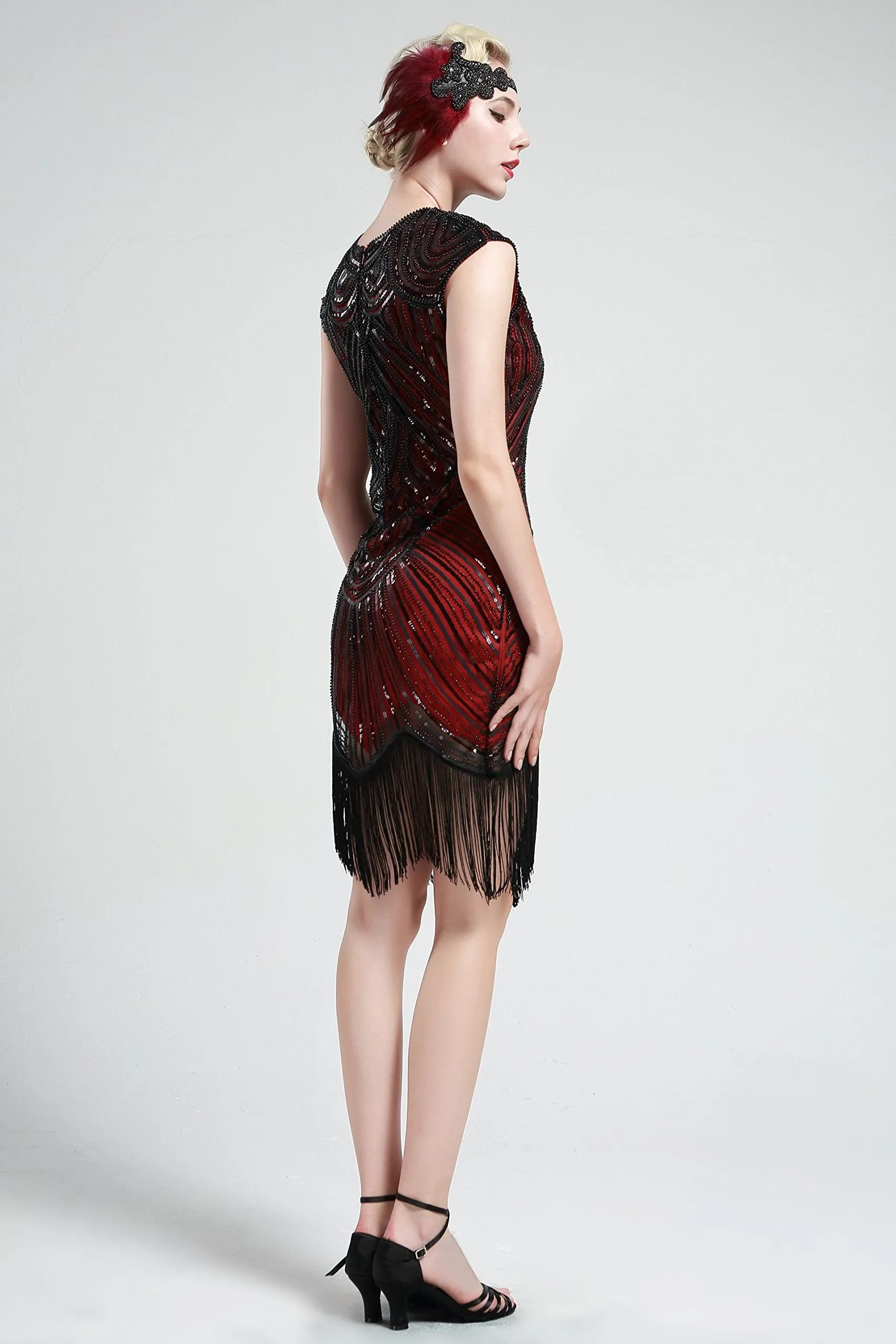 US STOCK Black and Gold Flapper Beaded Fringed Great Gatsby Dress