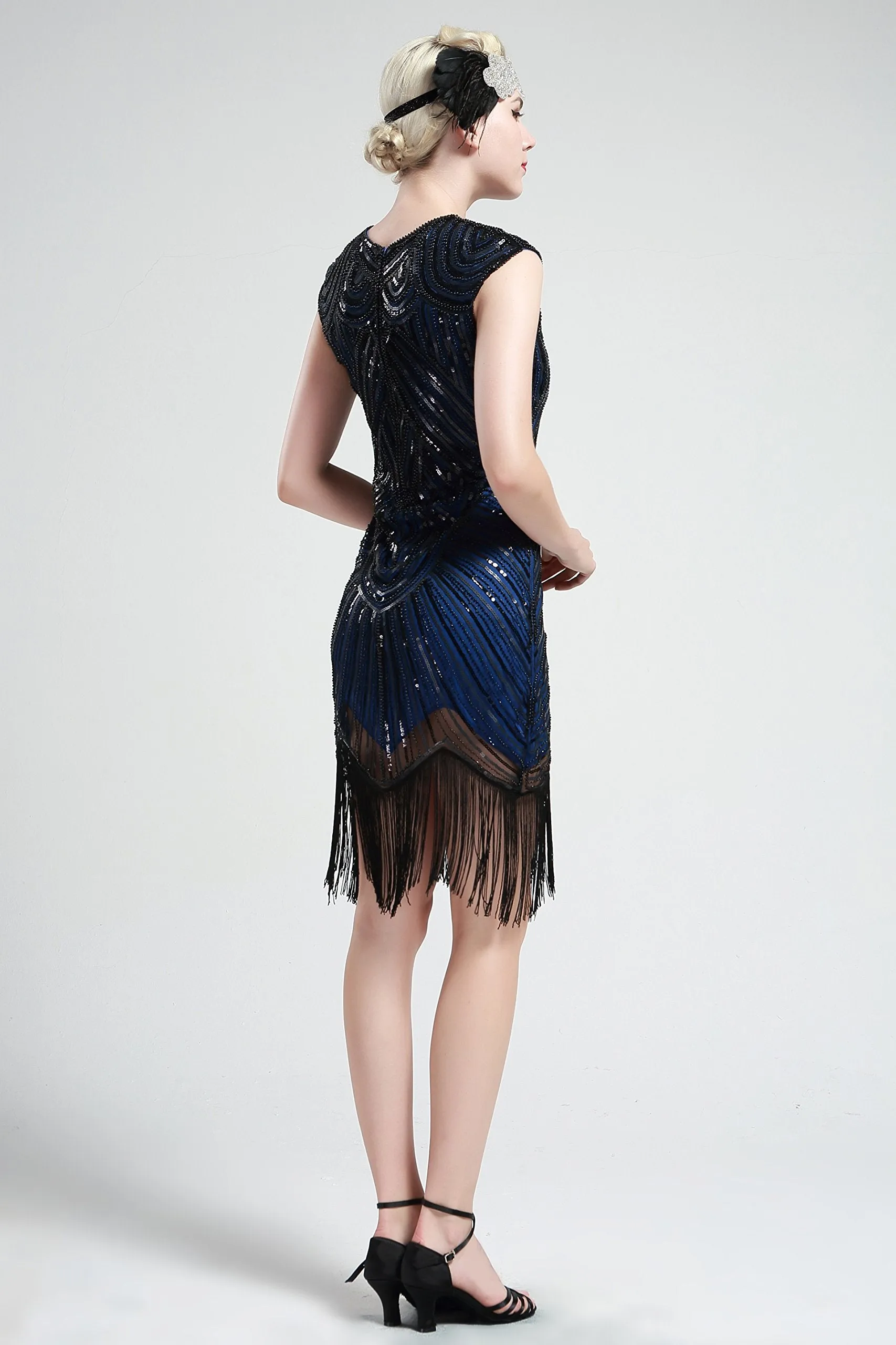US STOCK Black and Gold Flapper Beaded Fringed Great Gatsby Dress
