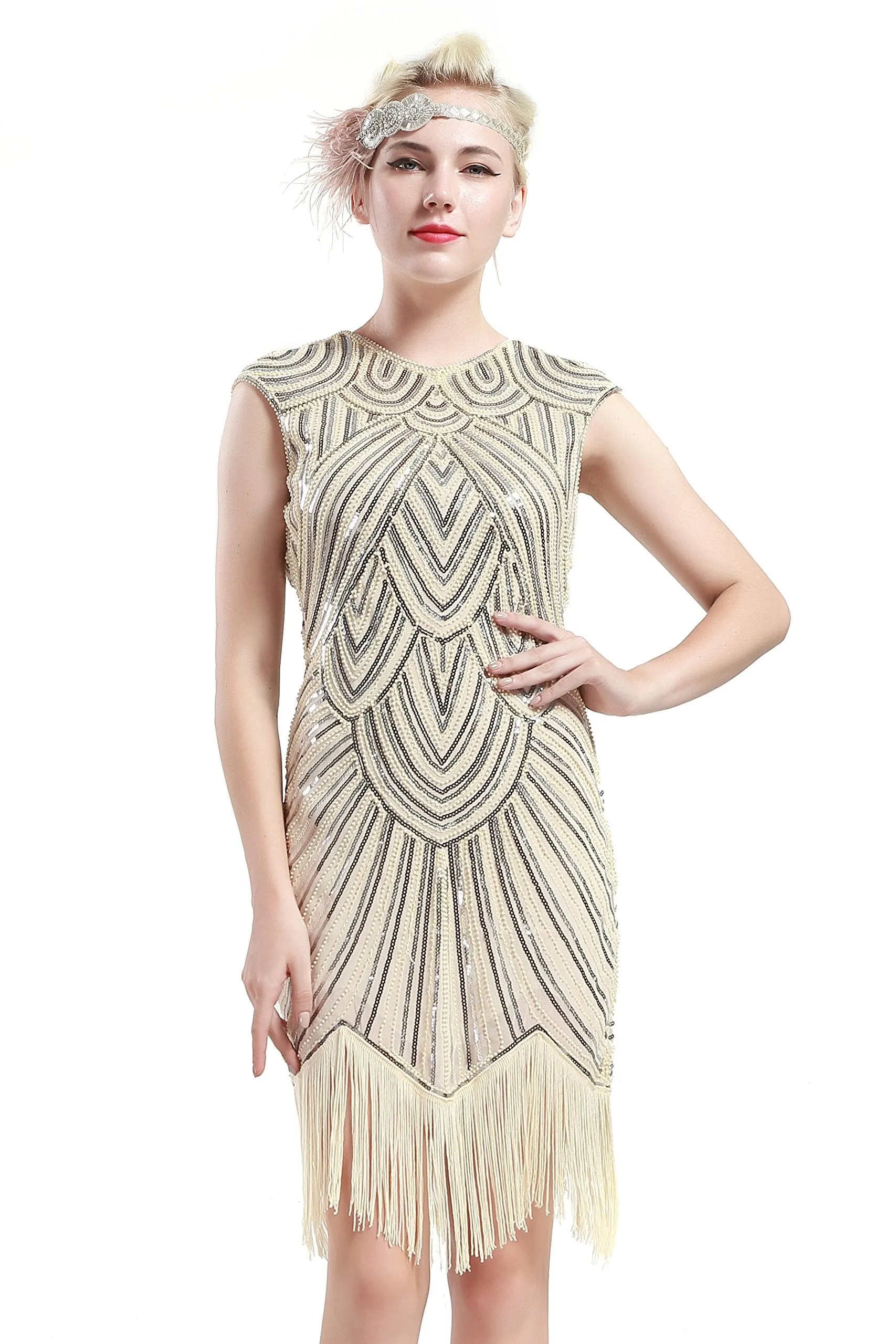 US STOCK Black and Gold Flapper Beaded Fringed Great Gatsby Dress