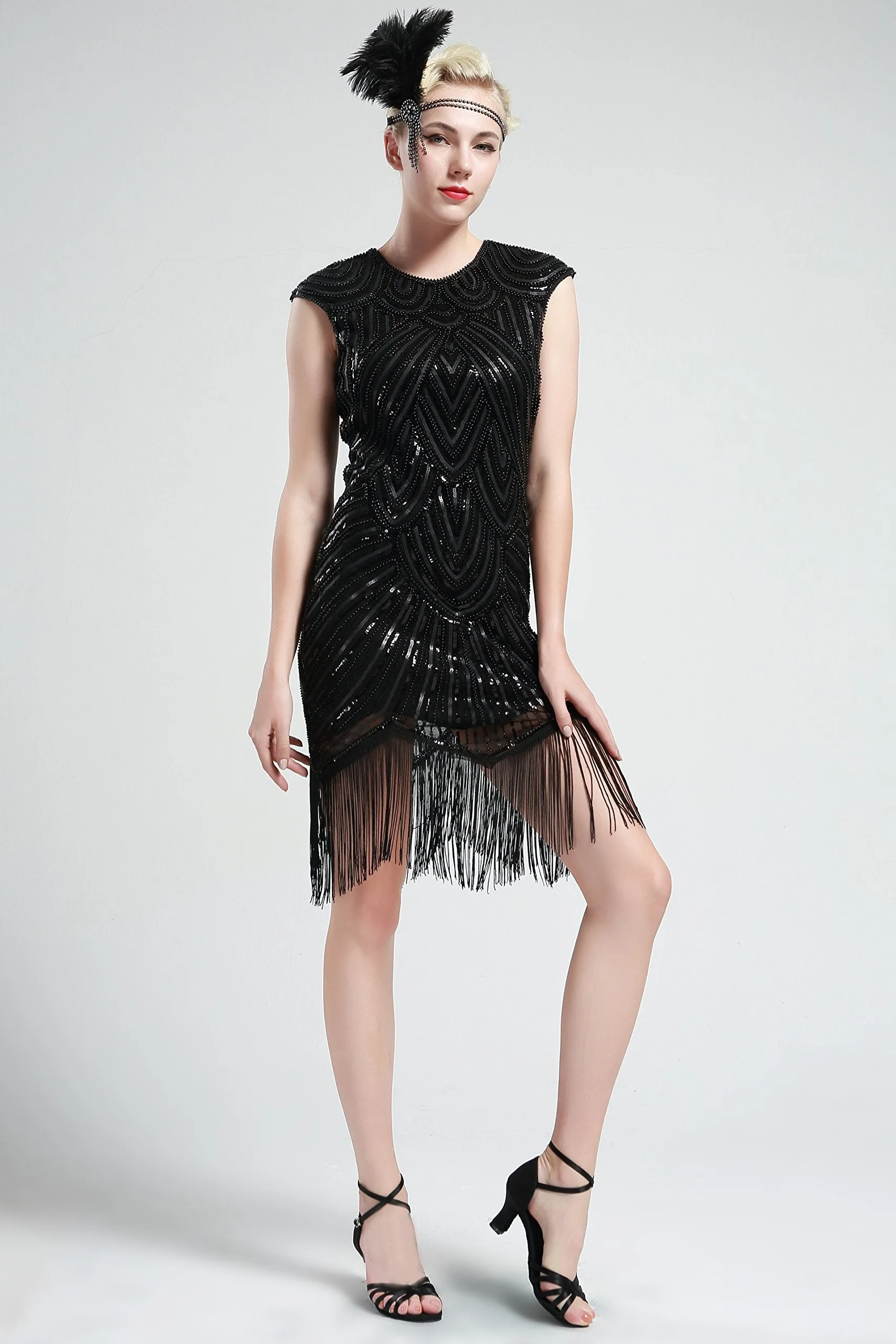 US STOCK Black and Gold Flapper Beaded Fringed Great Gatsby Dress