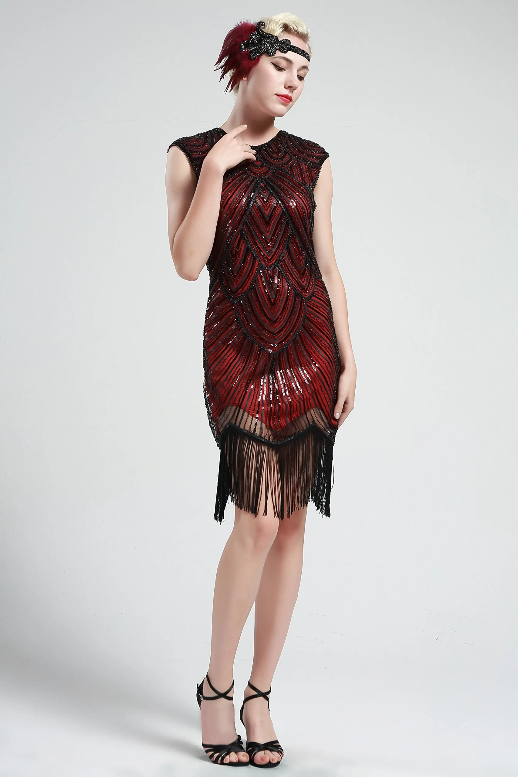 US STOCK Black and Gold Flapper Beaded Fringed Great Gatsby Dress