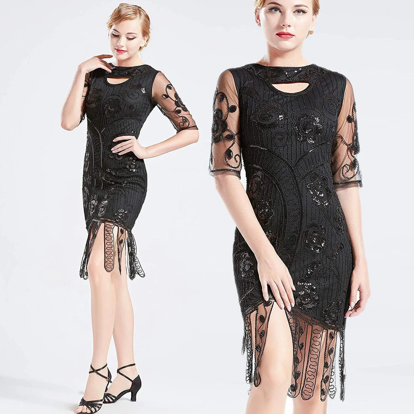 Vintage 1920s Unique Flapper Dress Beaded Gatsby Dress Roaring 20s Sequins Dress Art Deco