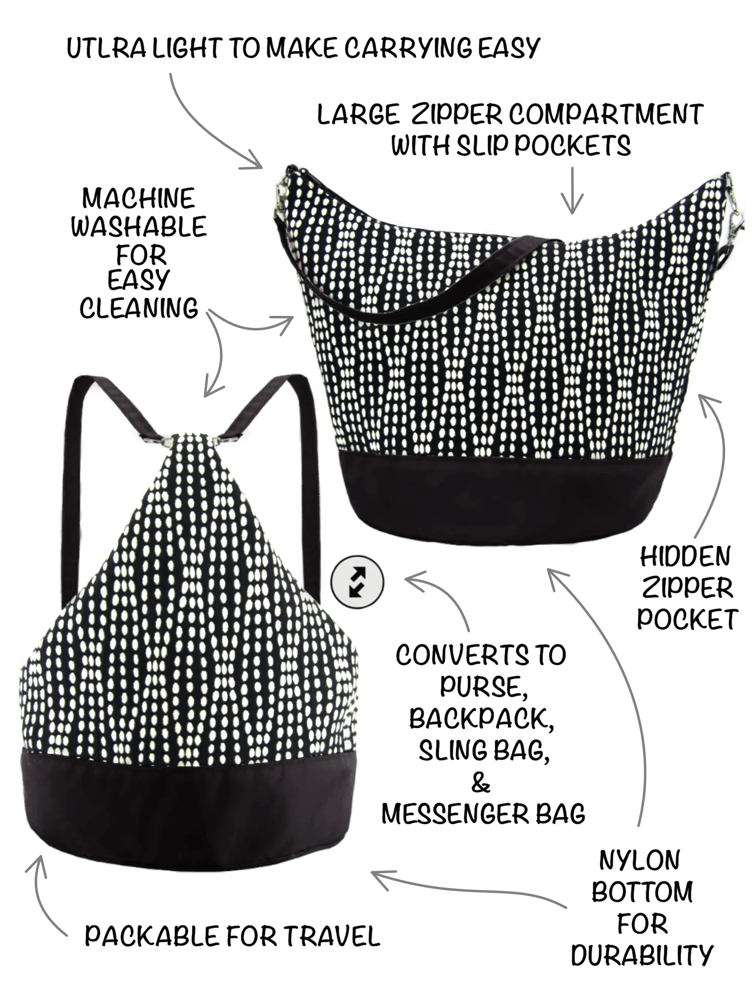 Wavy Dots in Yellow | Black Nylon | Convertible Backpack Purse