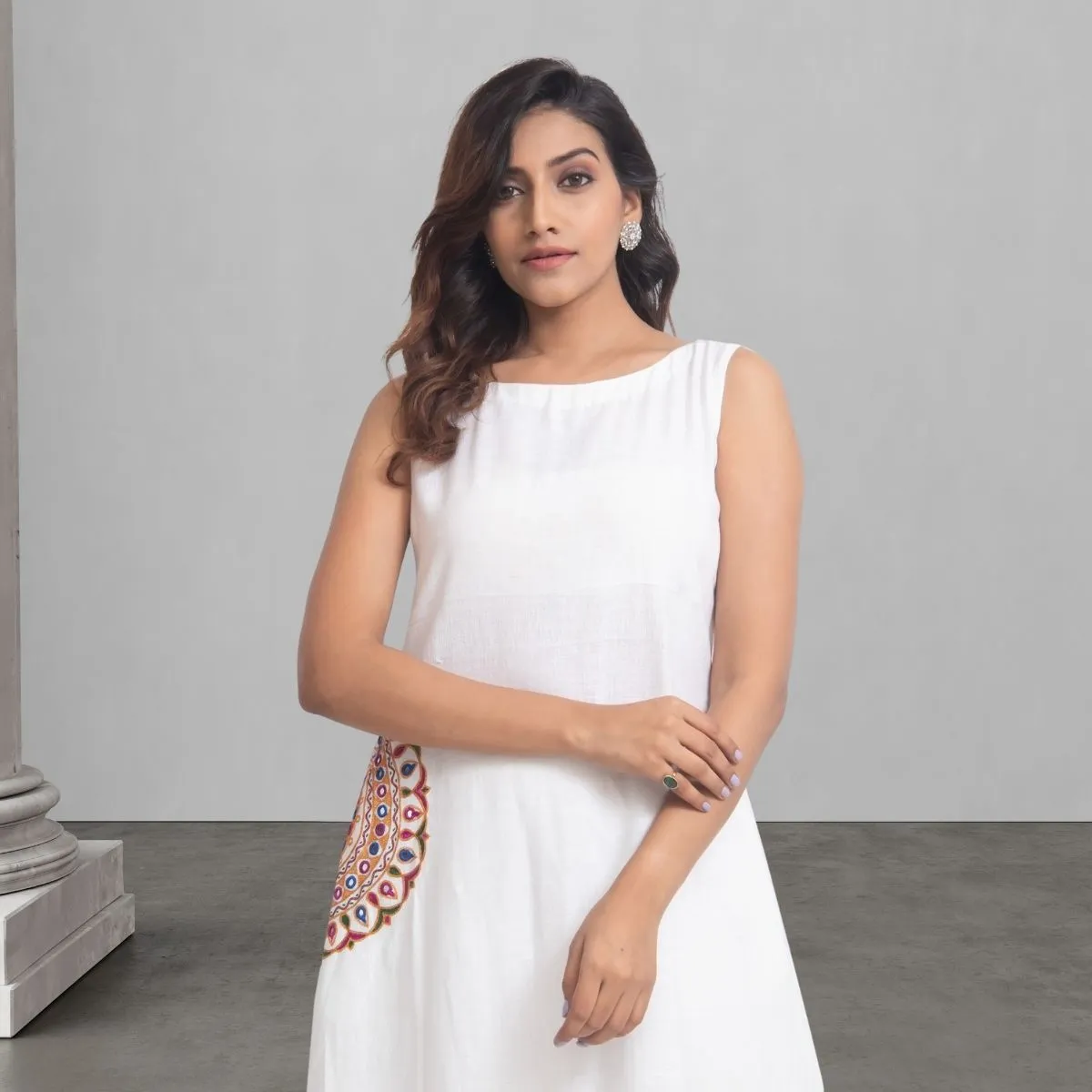White Straight Kurta For Women | Rebari and Mirror Embroidered | Office Wear